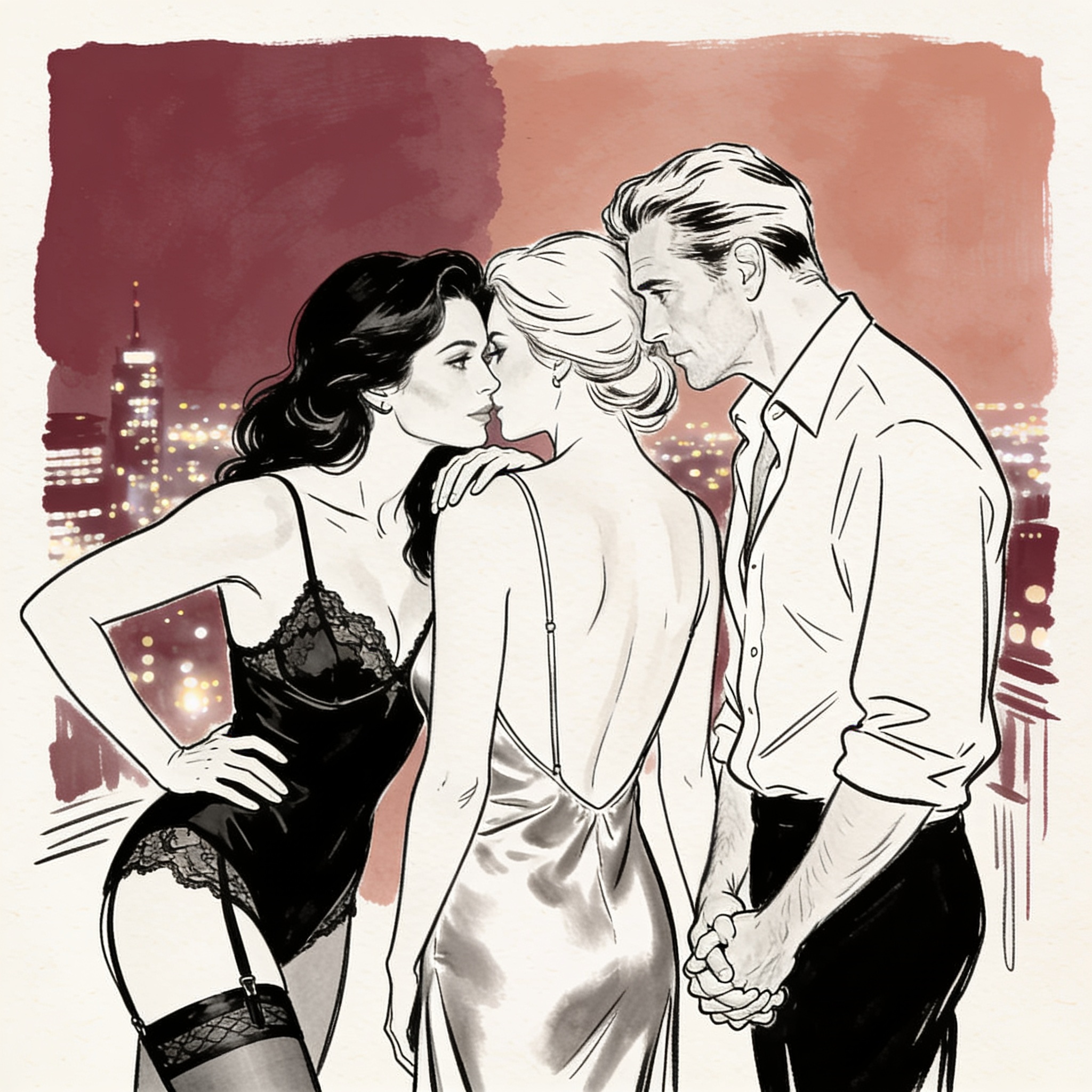 Two women, one in lace and one in silk, touch foreheads while looking at a man, silhoue...