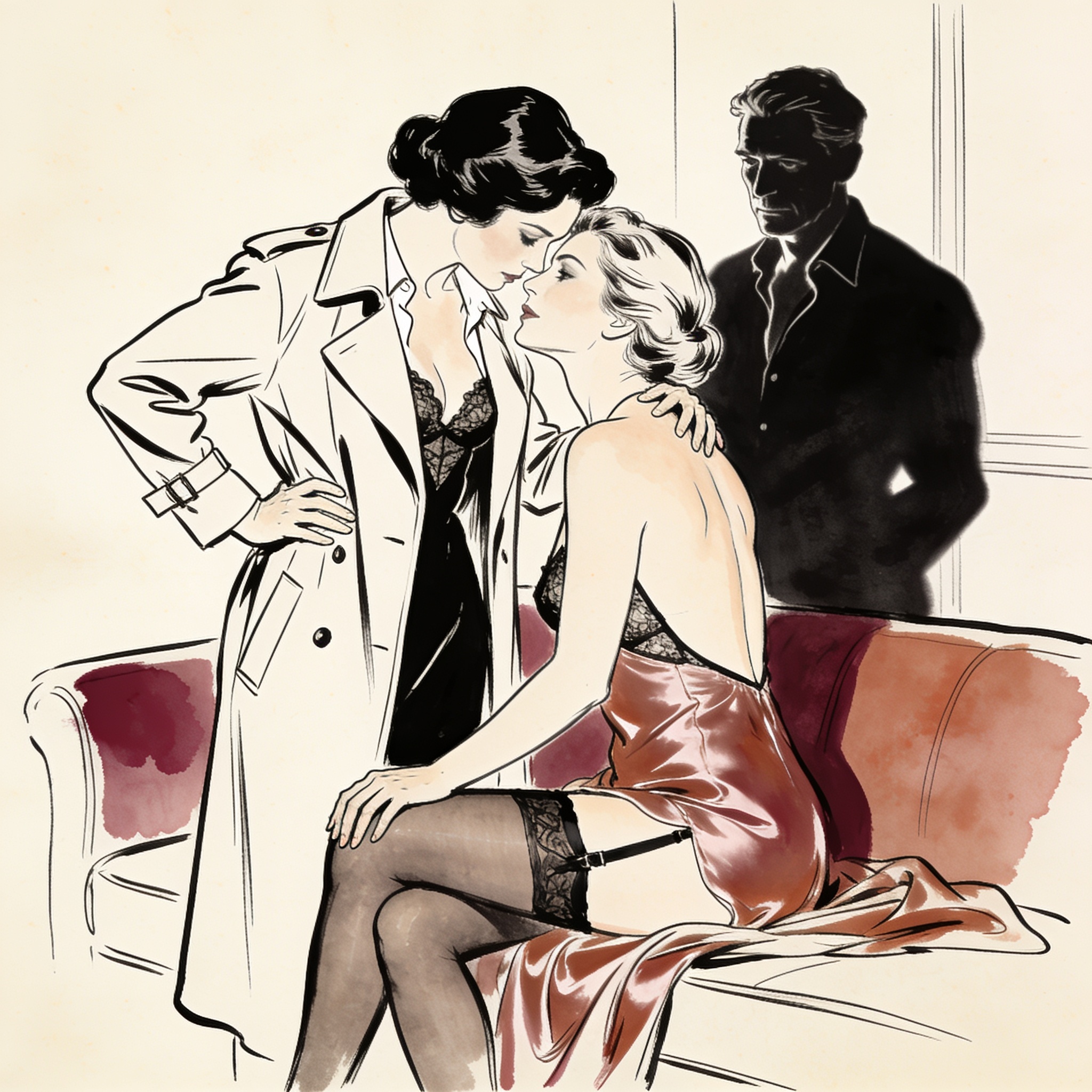 A woman touches another's thigh under the watchful gaze of a man in a dim room.