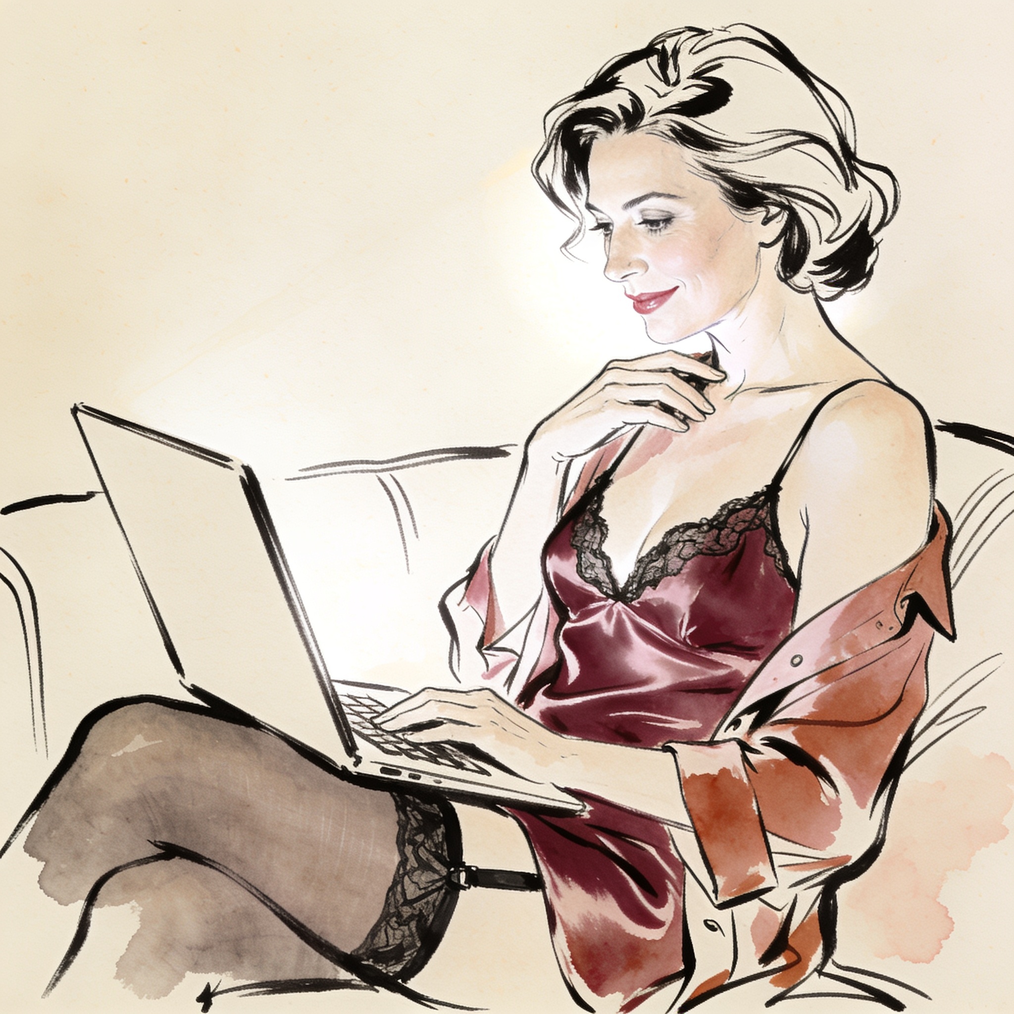 A woman in a silk slip smiling at her laptop screen in a dimly lit room.