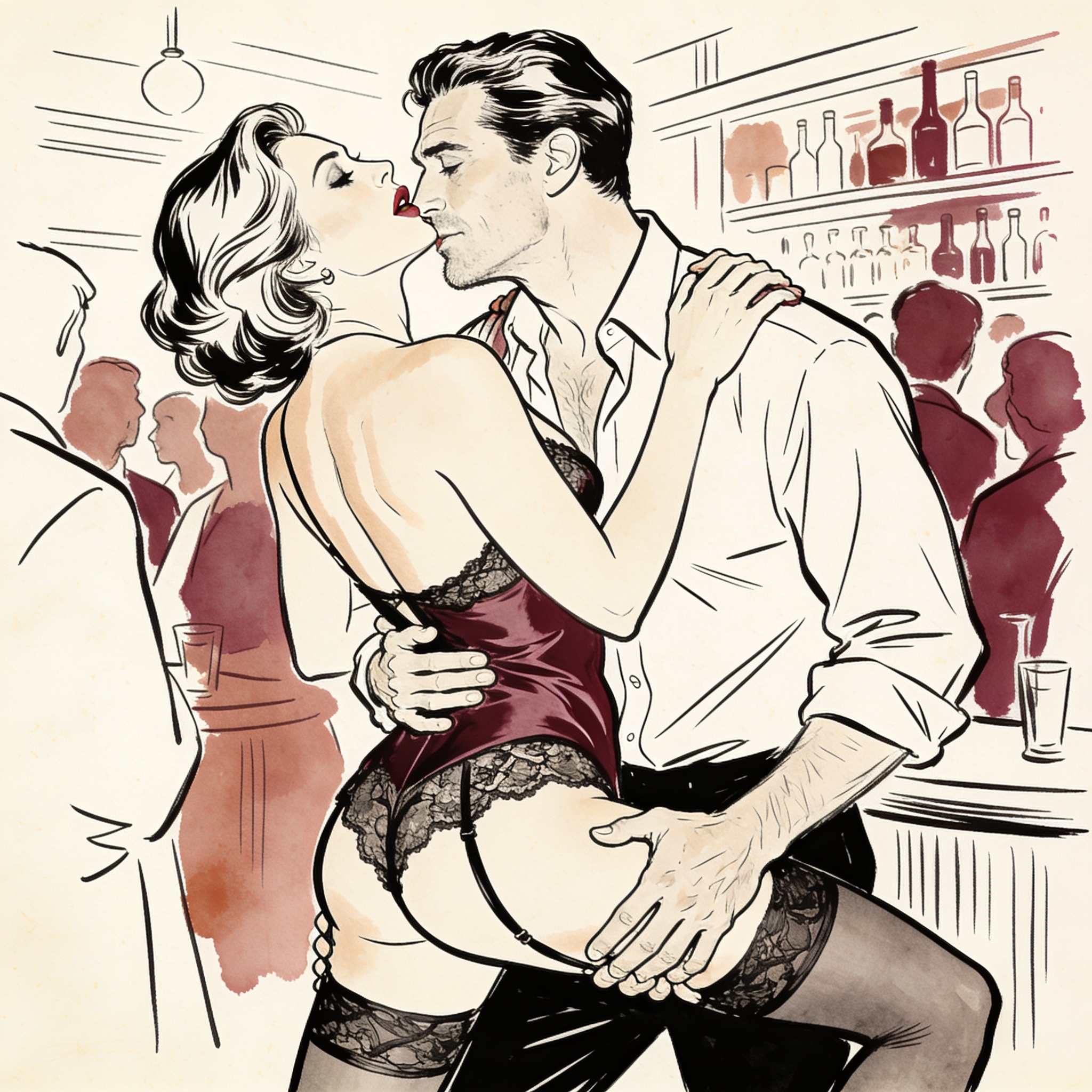 A man holds a woman from behind as she leans into him, her body arched against his.