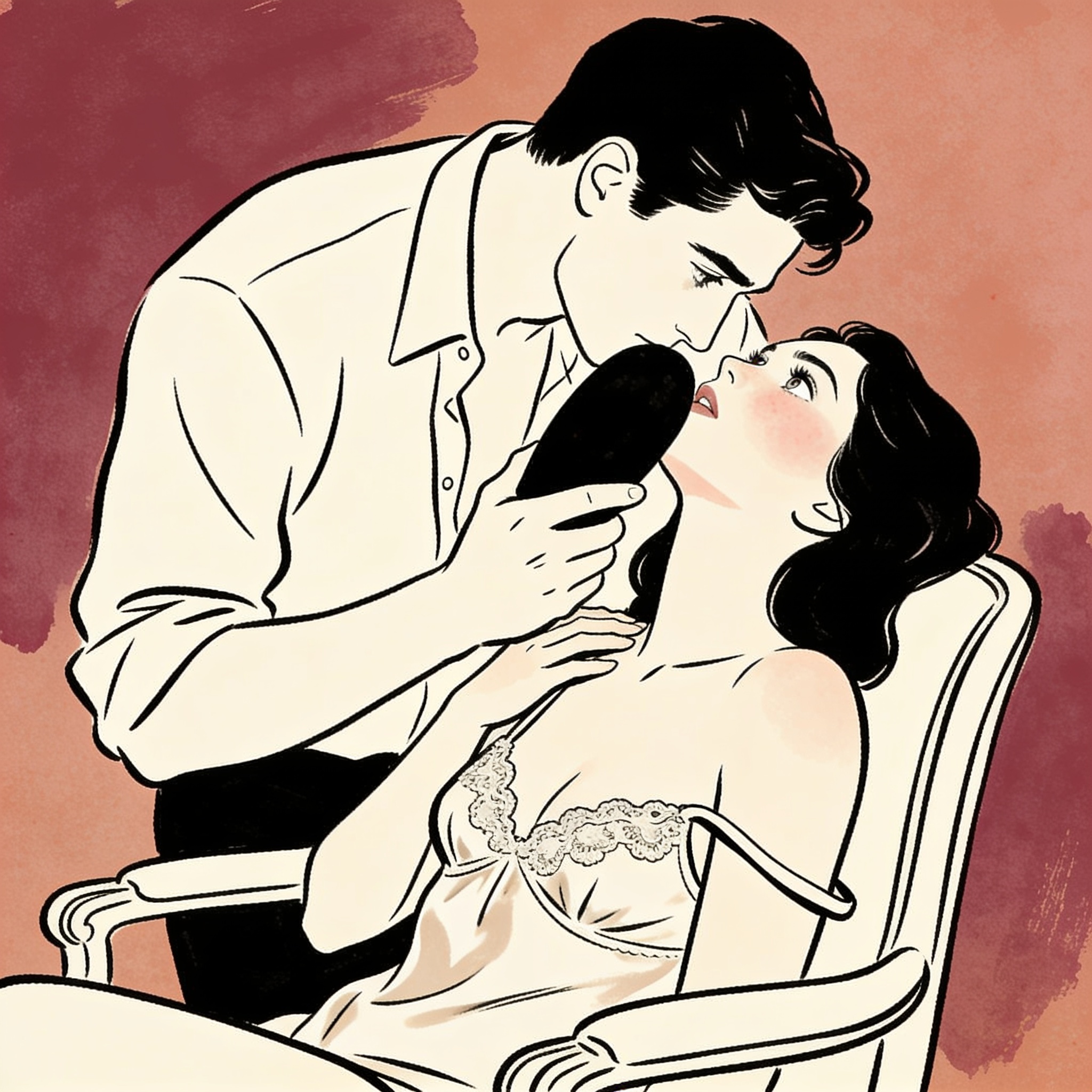 Man holding a dark object near a flushed woman in an armchair, her lingerie strap falling.