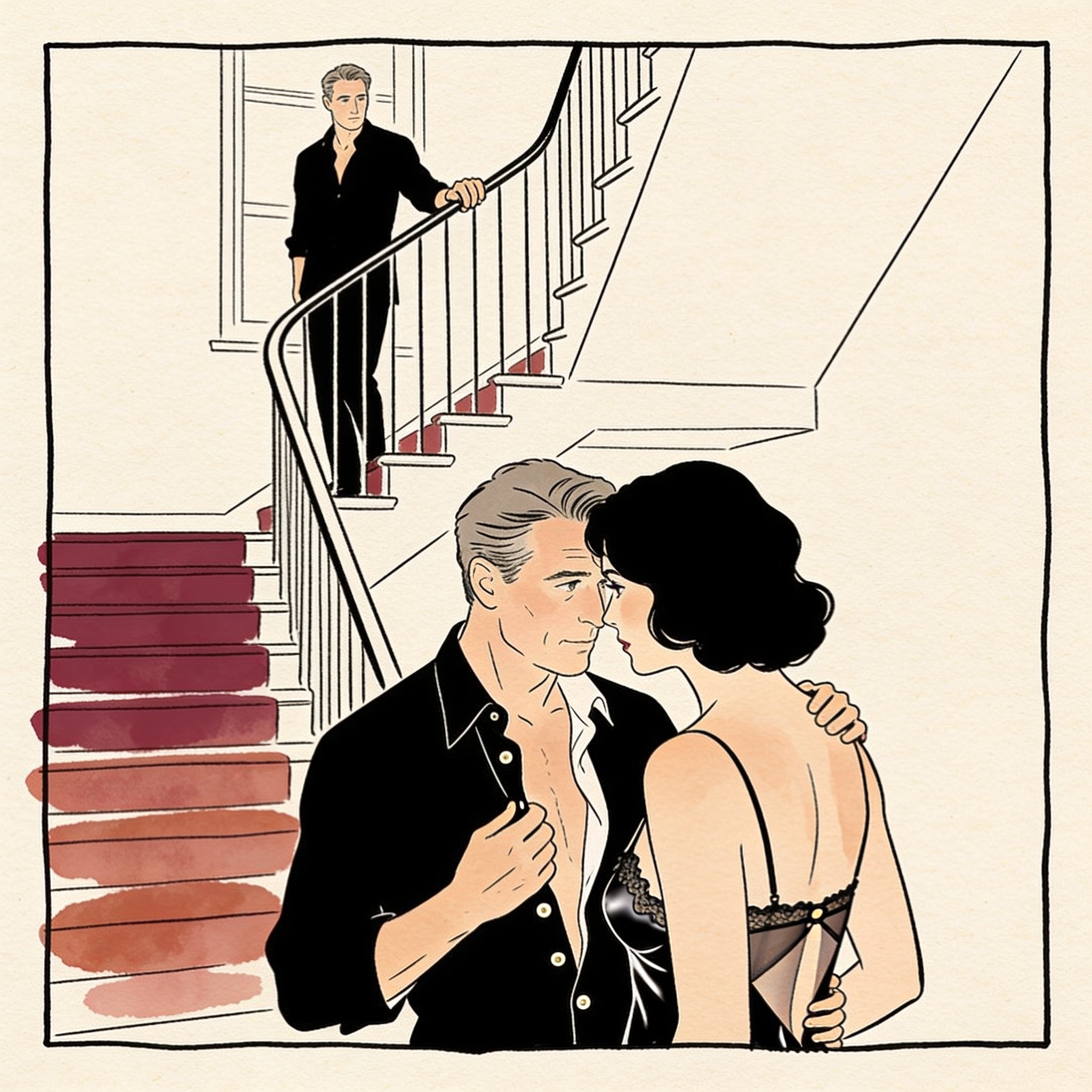 A man watches a woman from a staircase as she hesitates, her hand on her open dress col...