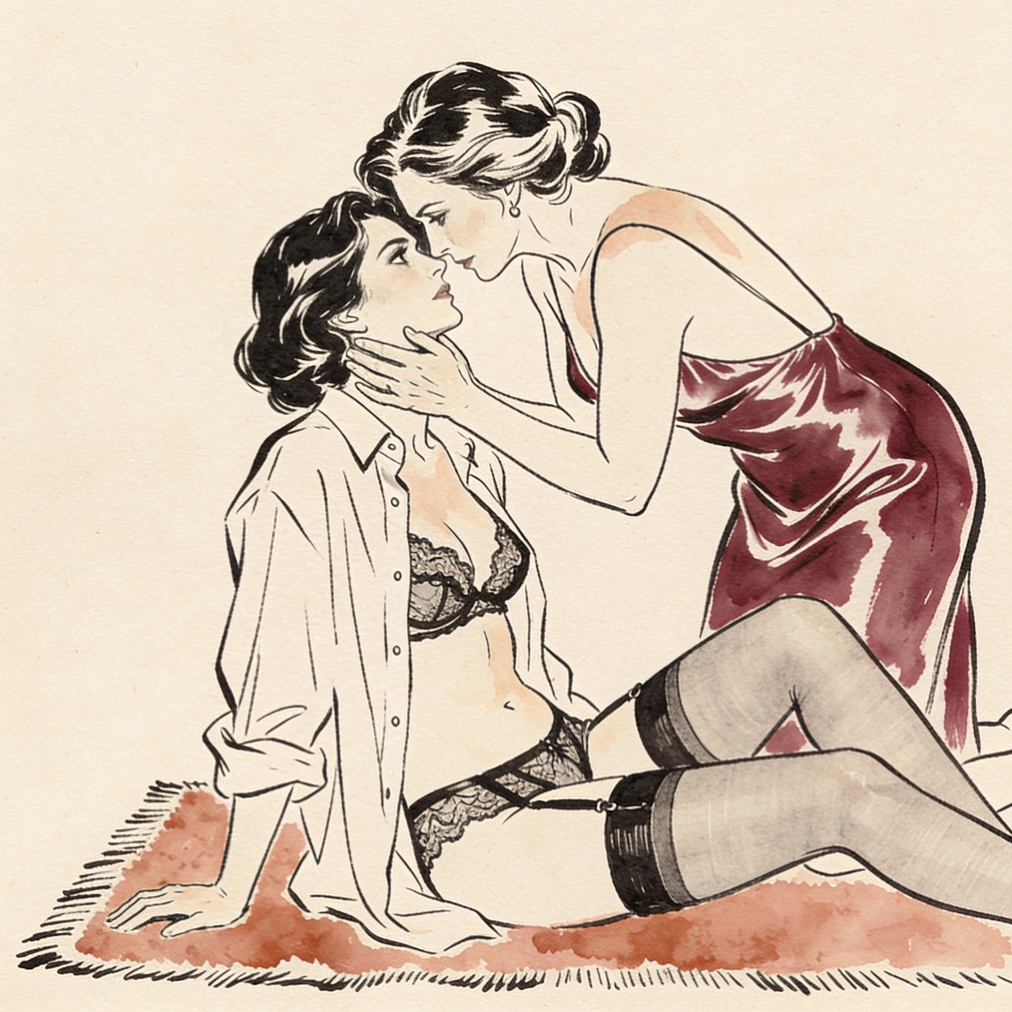 Tense intimate moment, two women in modern lingerie, foreheads nearly touching.