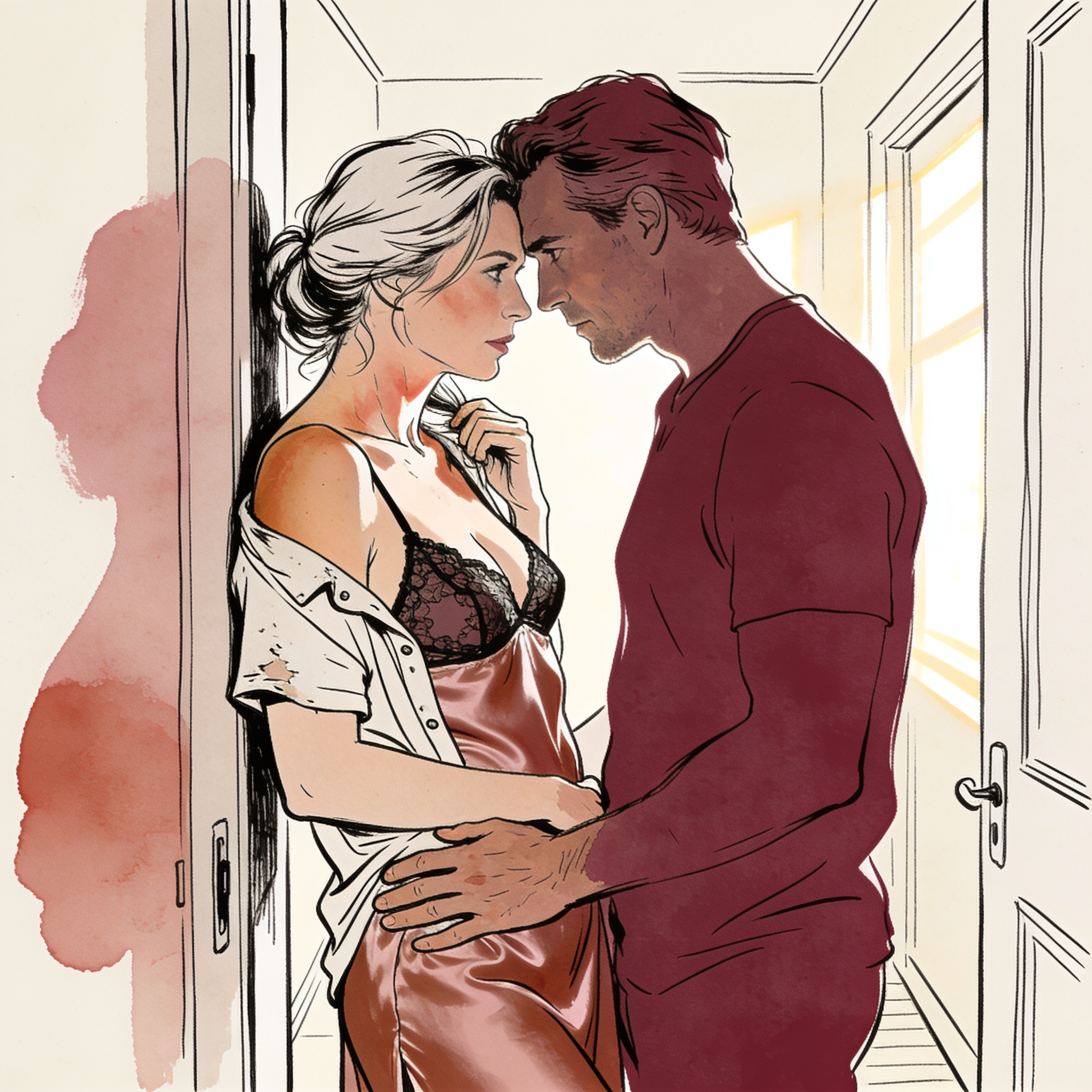 A couple sharing an intense, quiet gaze in a sunlit hallway, tension visible.