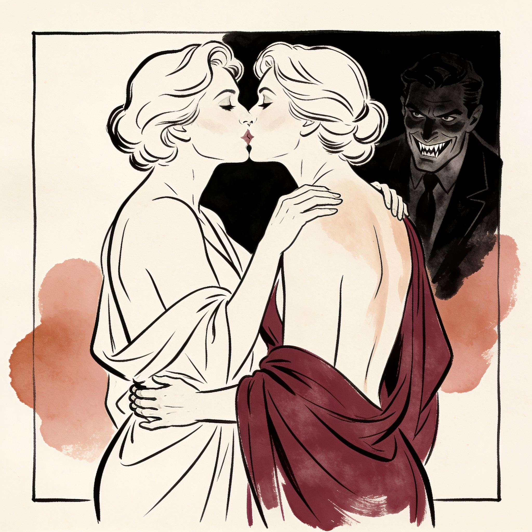 Two women nearly kiss on a dance floor while a man watches them intently from the shadows.