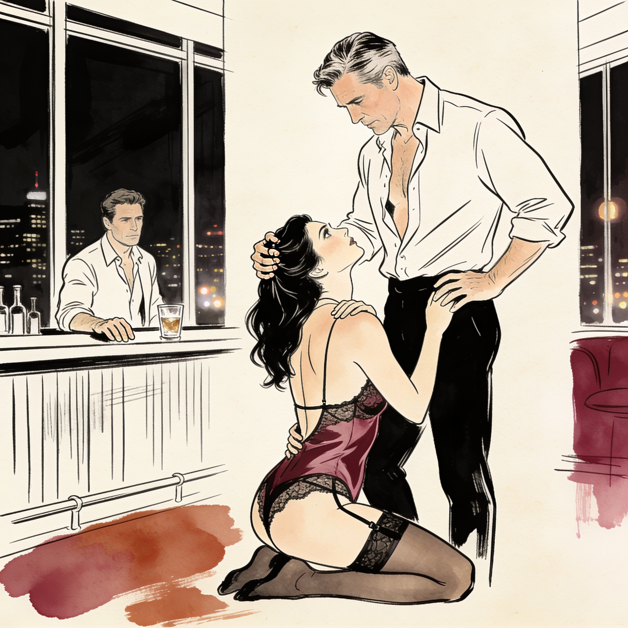 A woman grips another kneeling woman's hair, their eyes locked in a moment of powerful ...