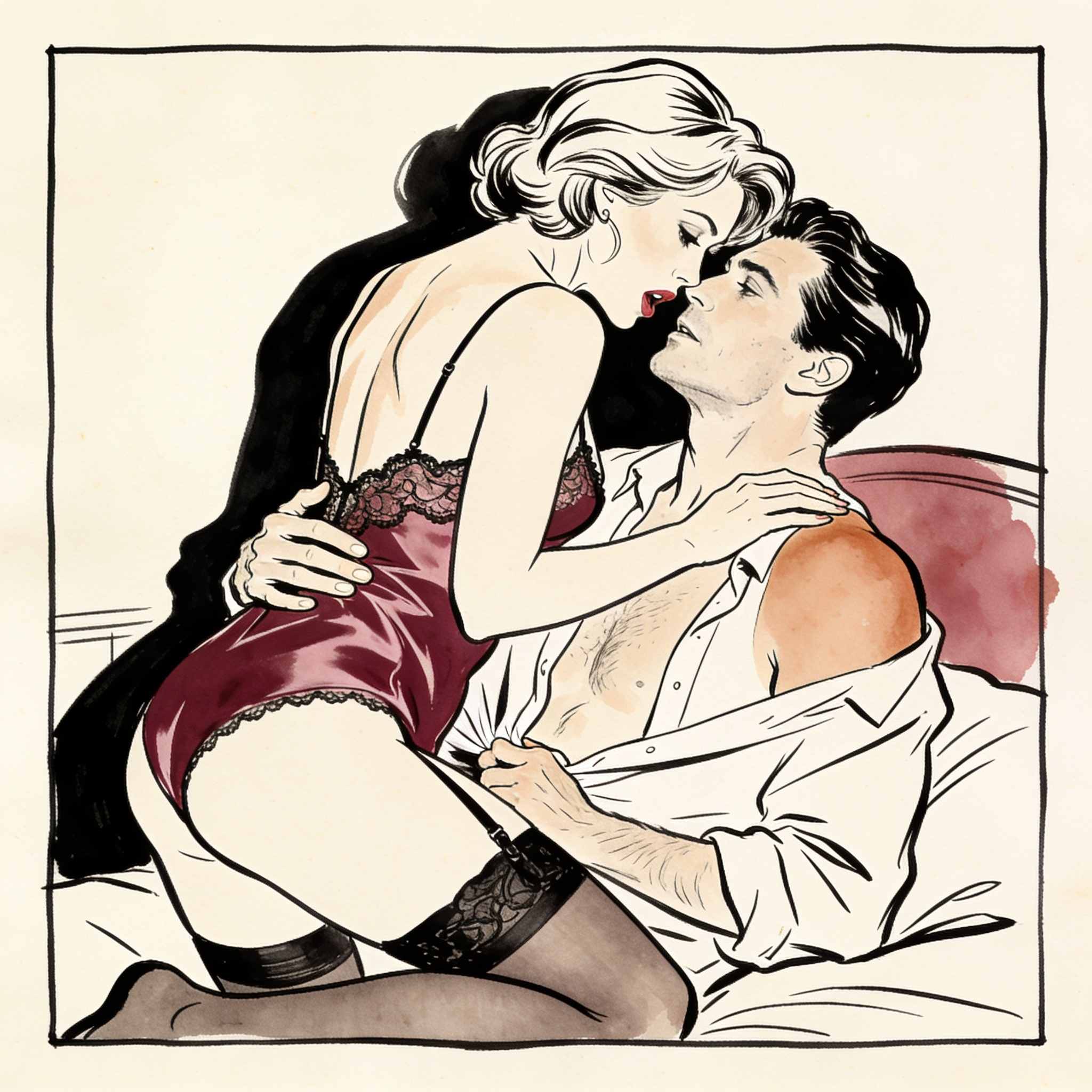 A woman arches back against her partner, his hand under her camisole, their faces close...