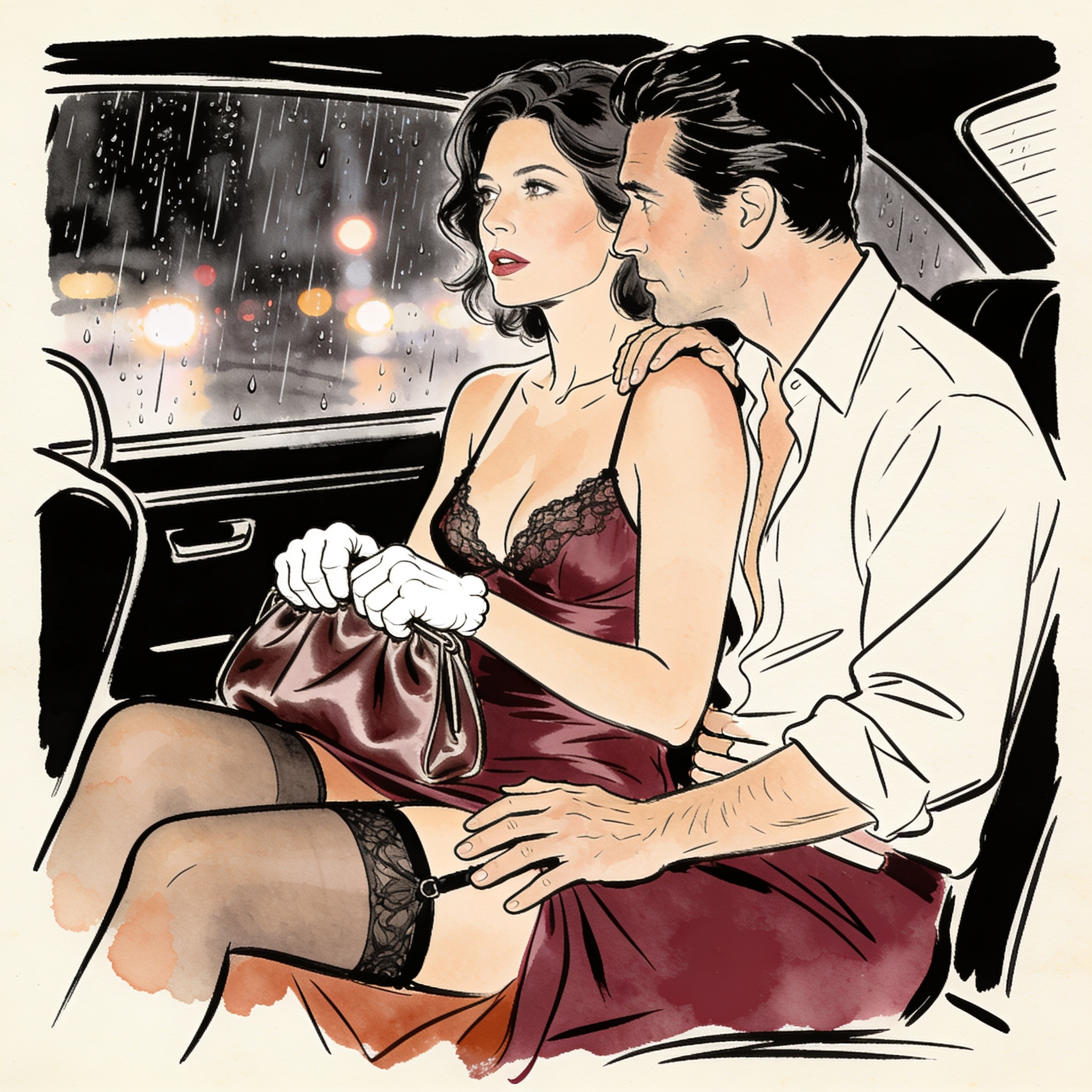 A man's hand creeps up a woman's bare thigh inside a car at night.