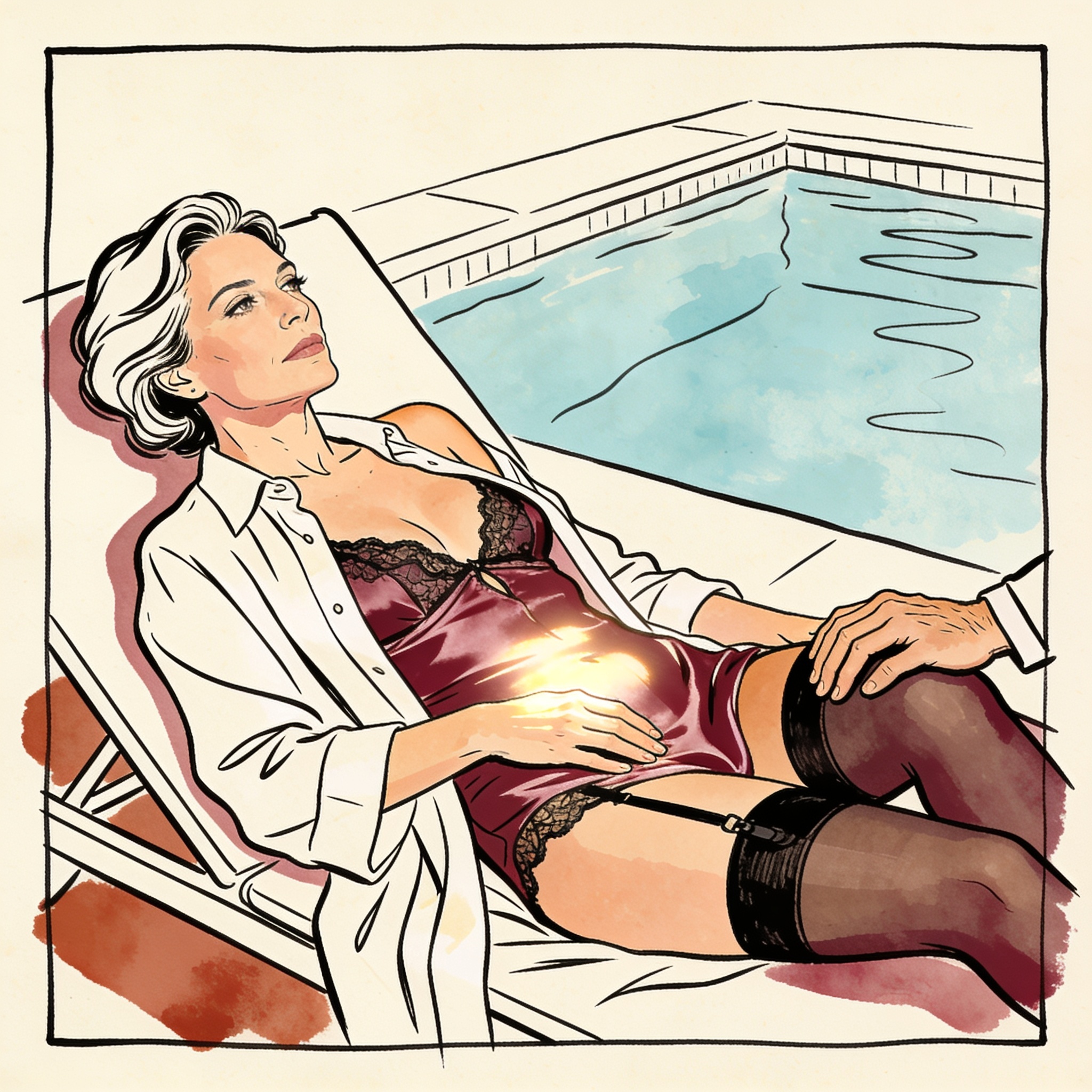 A woman by a pool, robe open, hand on stomach, partner's hand on her knee.
