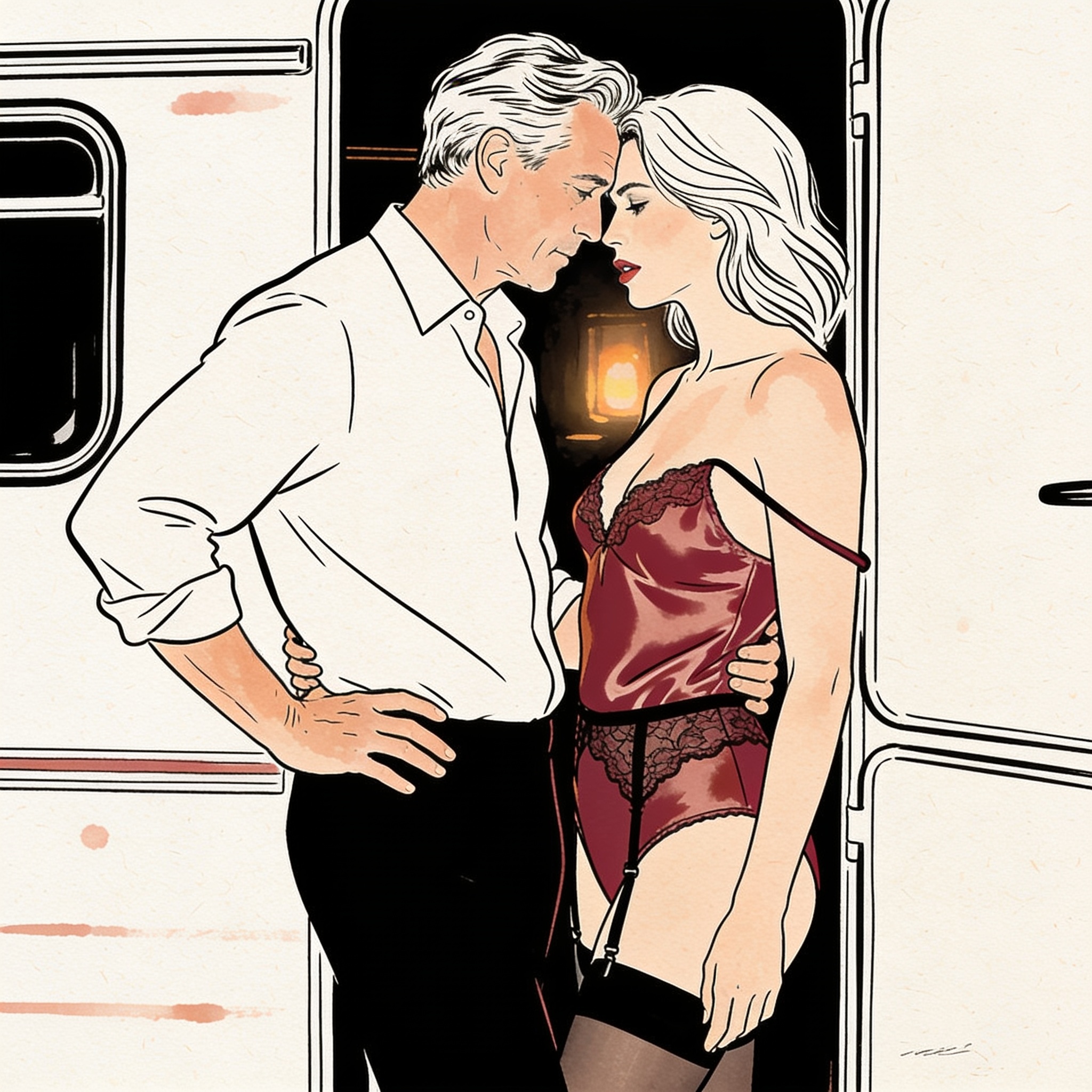 Line art: a man and woman in an intimate, charged moment, foreheads touching in low light.