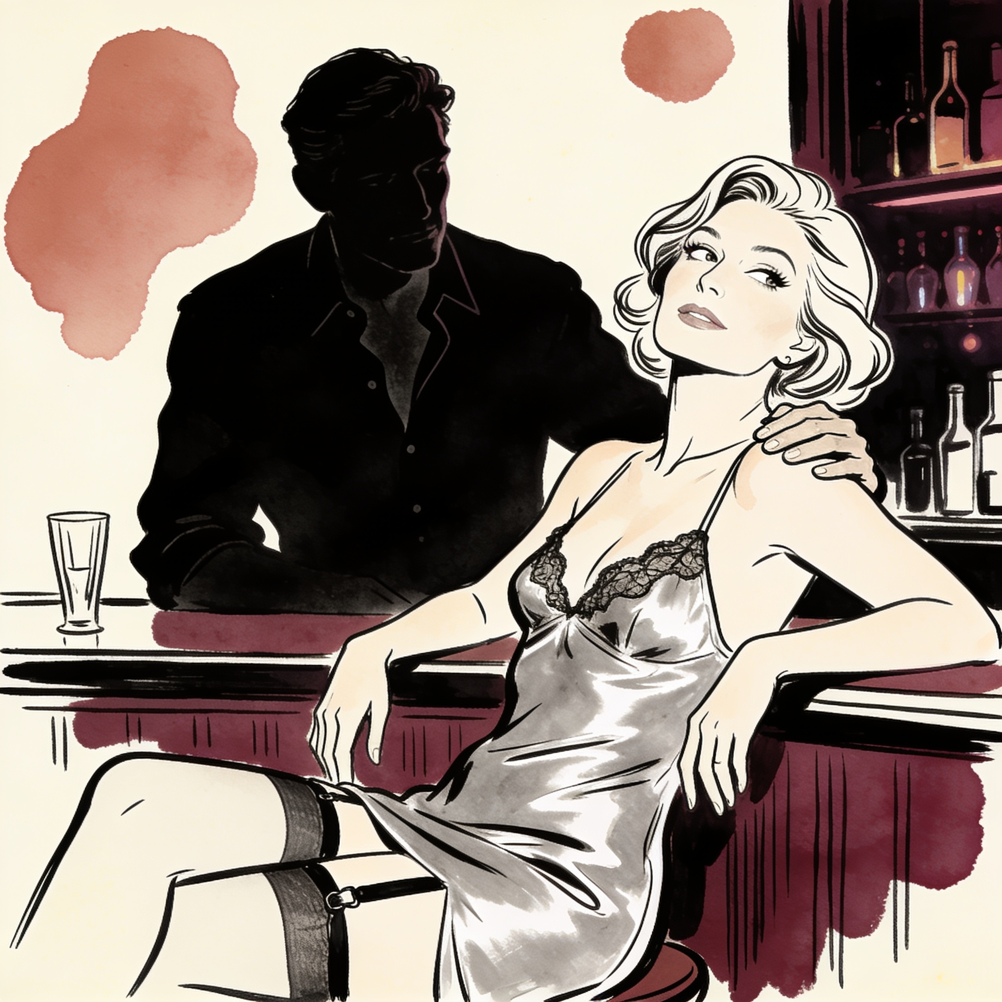 Woman at a bar winks at her husband while another man's hand touches her shoulder.