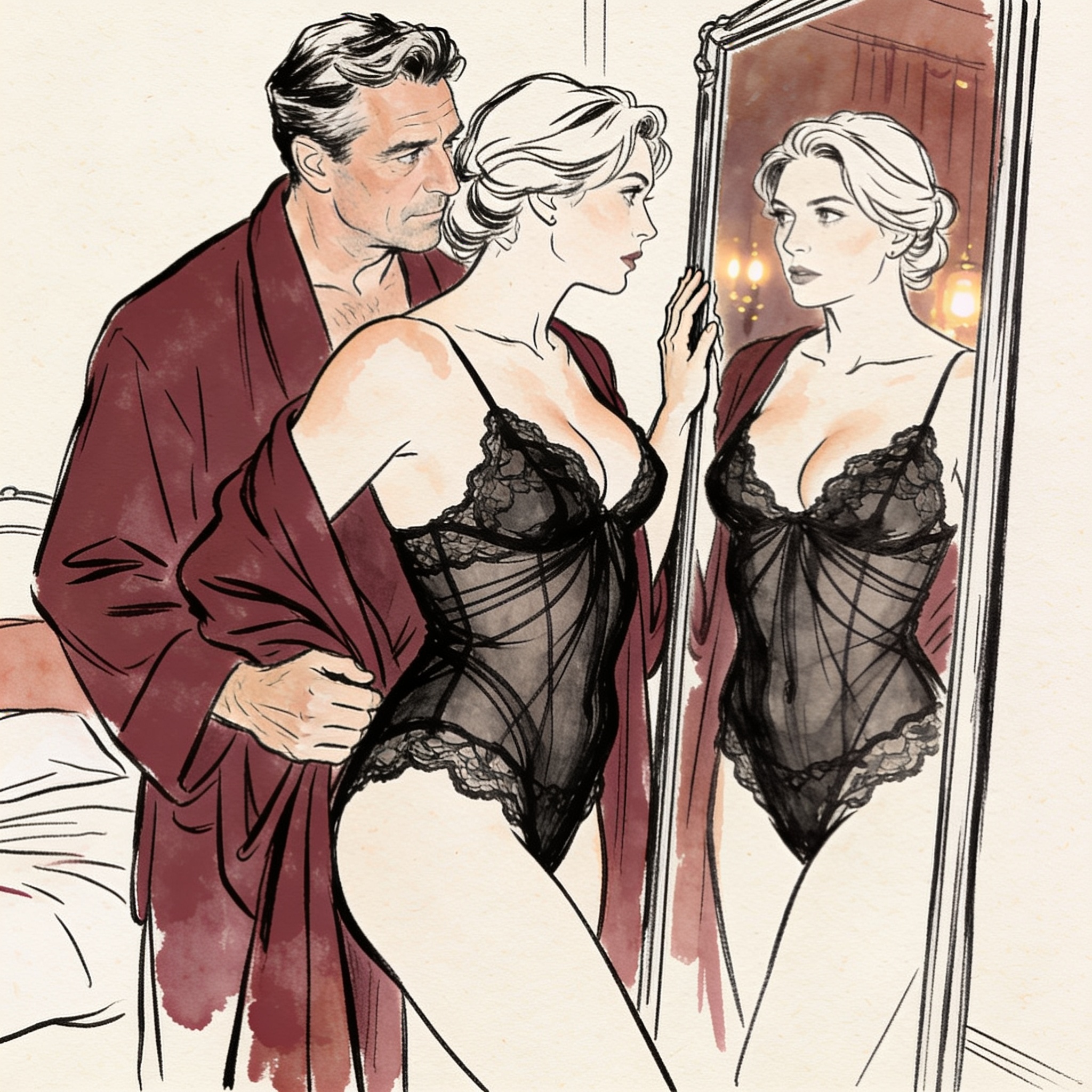 A couple before a mirror, her lace undergarment strained by a swollen secret, his gaze ...