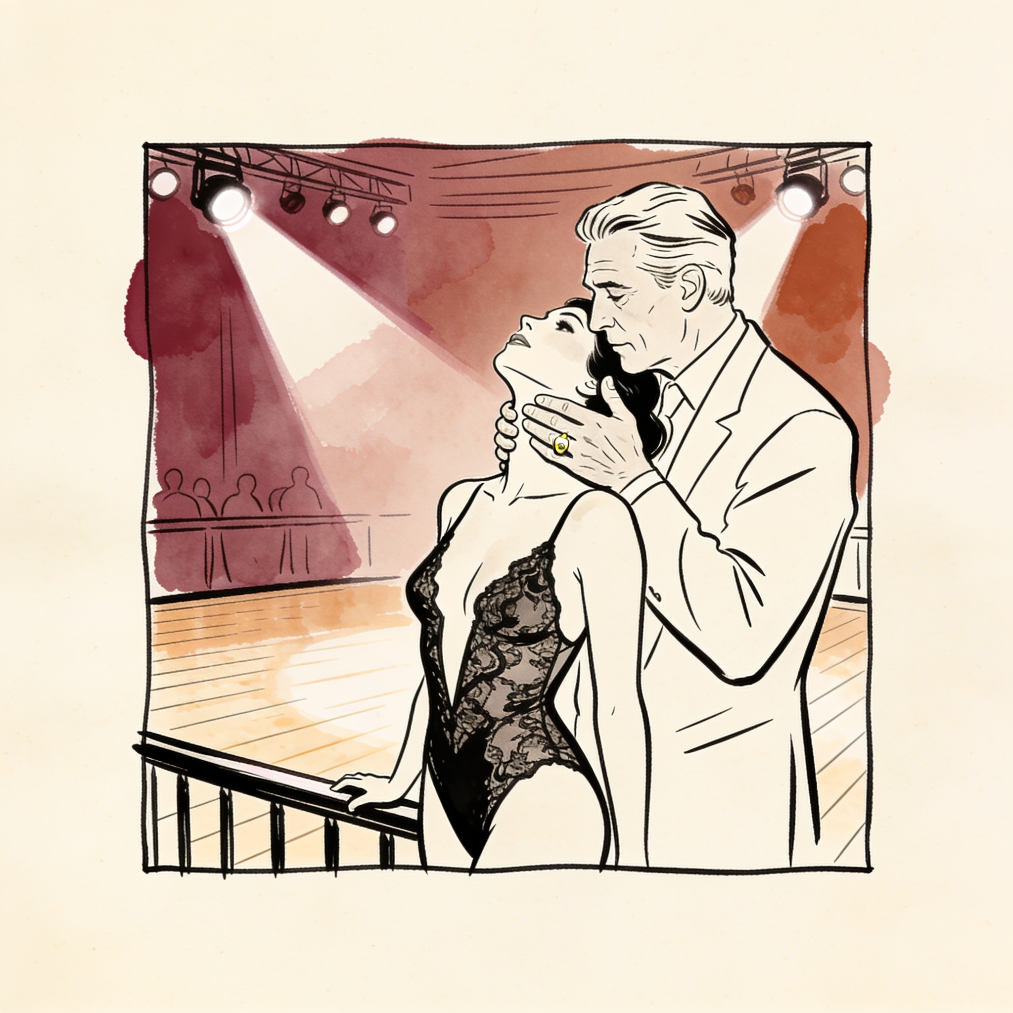 A woman in a lace bodysuit leans into a man's touch, her ring catching the light as the...