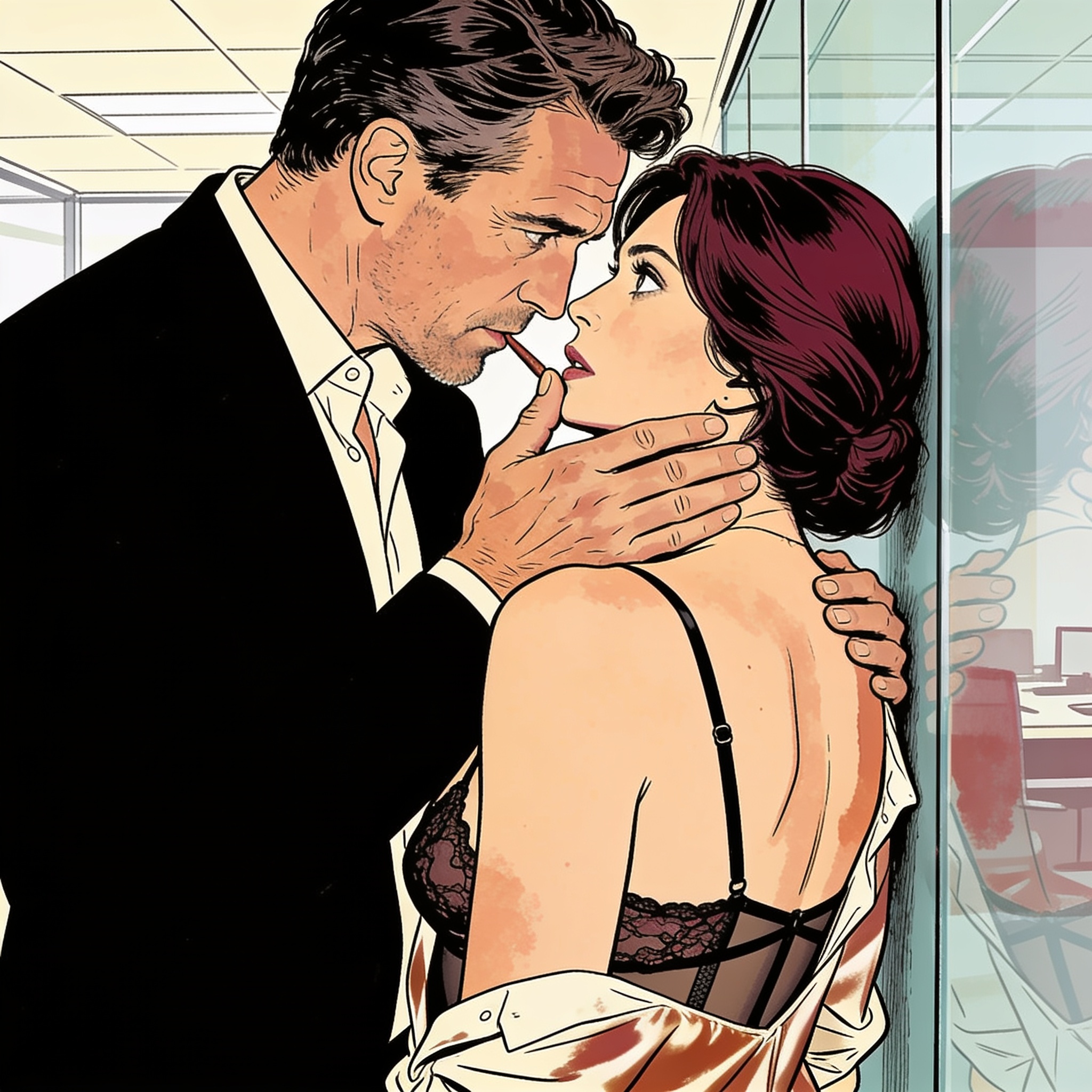 A man cradles a woman's face, his thumb on her lip, against a glass wall.
