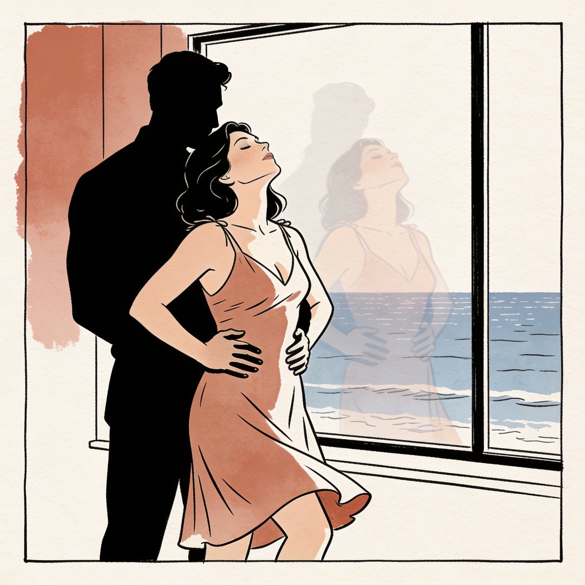 A couple's blurred reflection in a window, his hands on her hips as they gaze out at th...