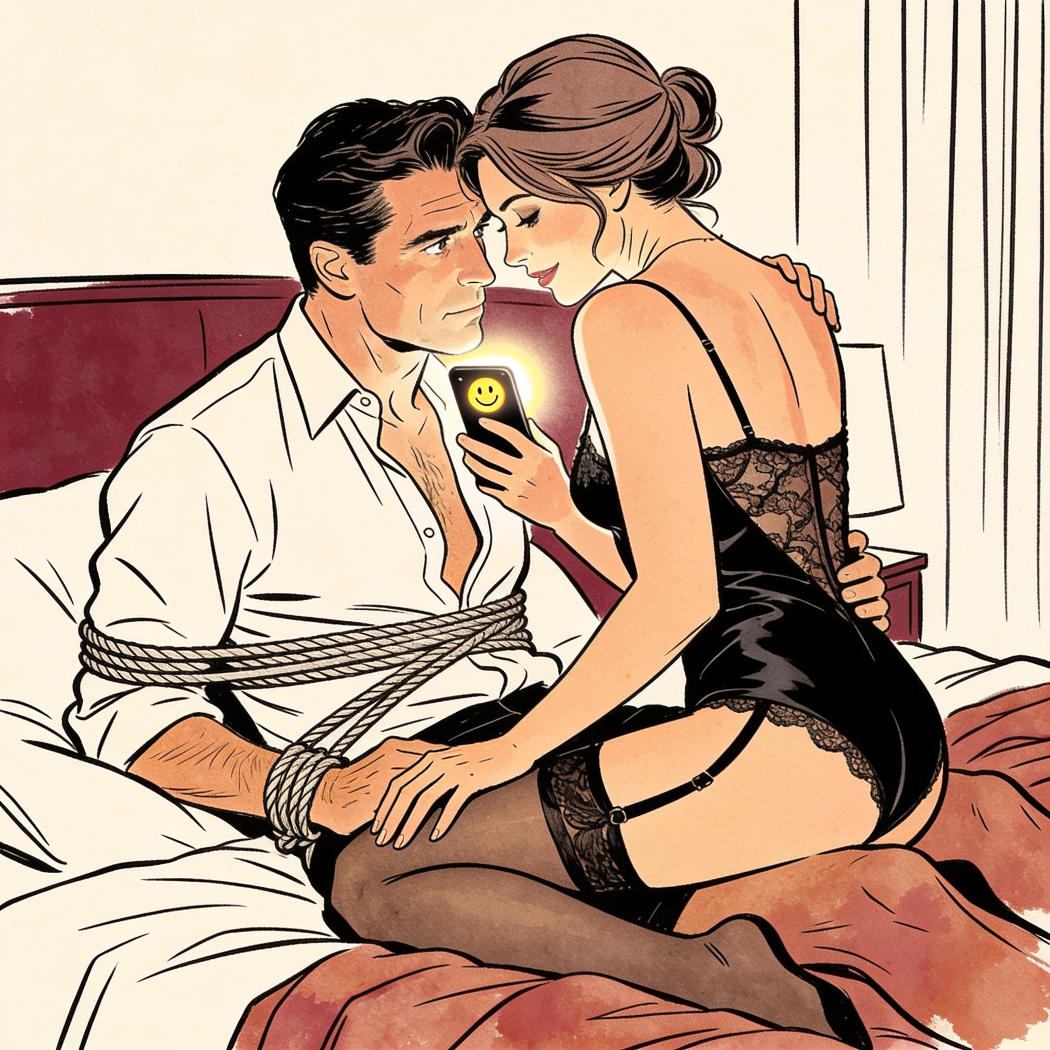 Bound man watches woman in lace holding a phone during a private, intimate moment.