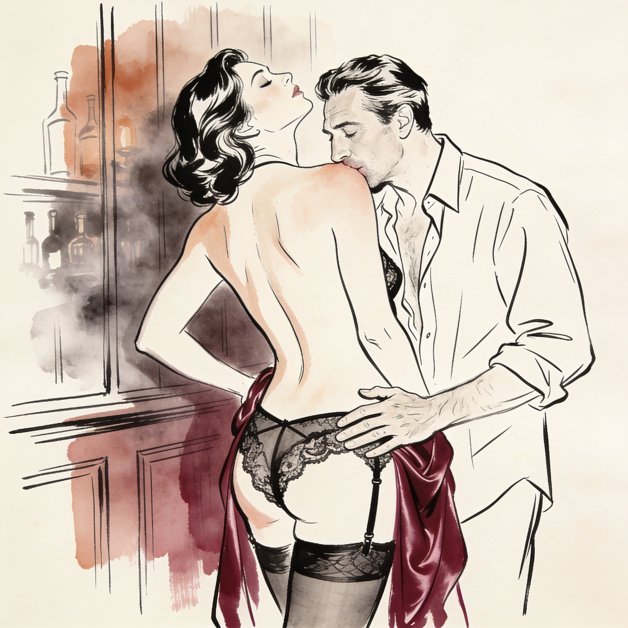 A woman's bare back arched, a man's lips on her shoulder, her eyes closed in desire.
