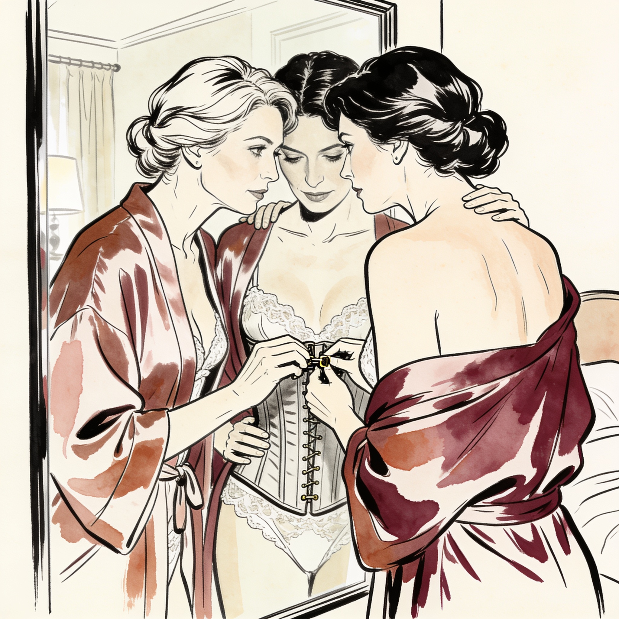 Three women share an intimate moment, helping each other dress, reflected in a hotel mi...