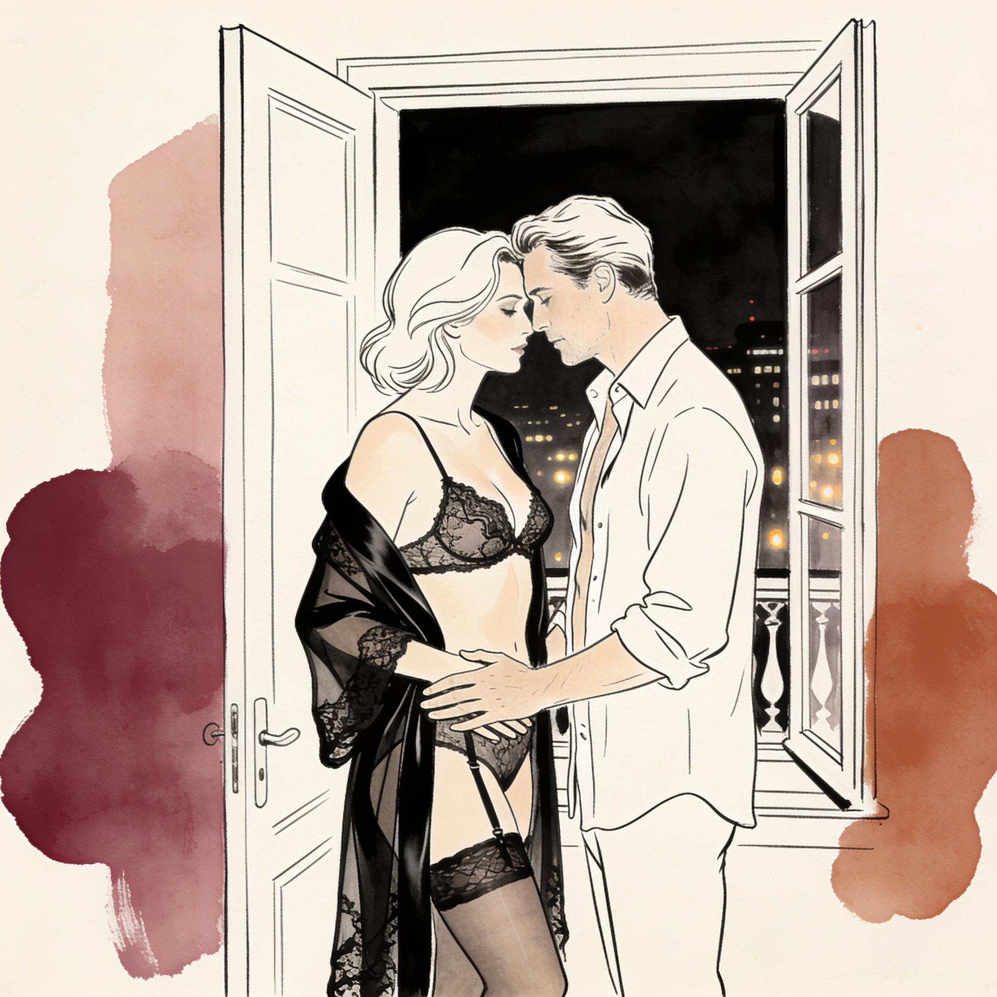 A couple in intimate lingerie, foreheads touching in a luxury hotel doorway.
