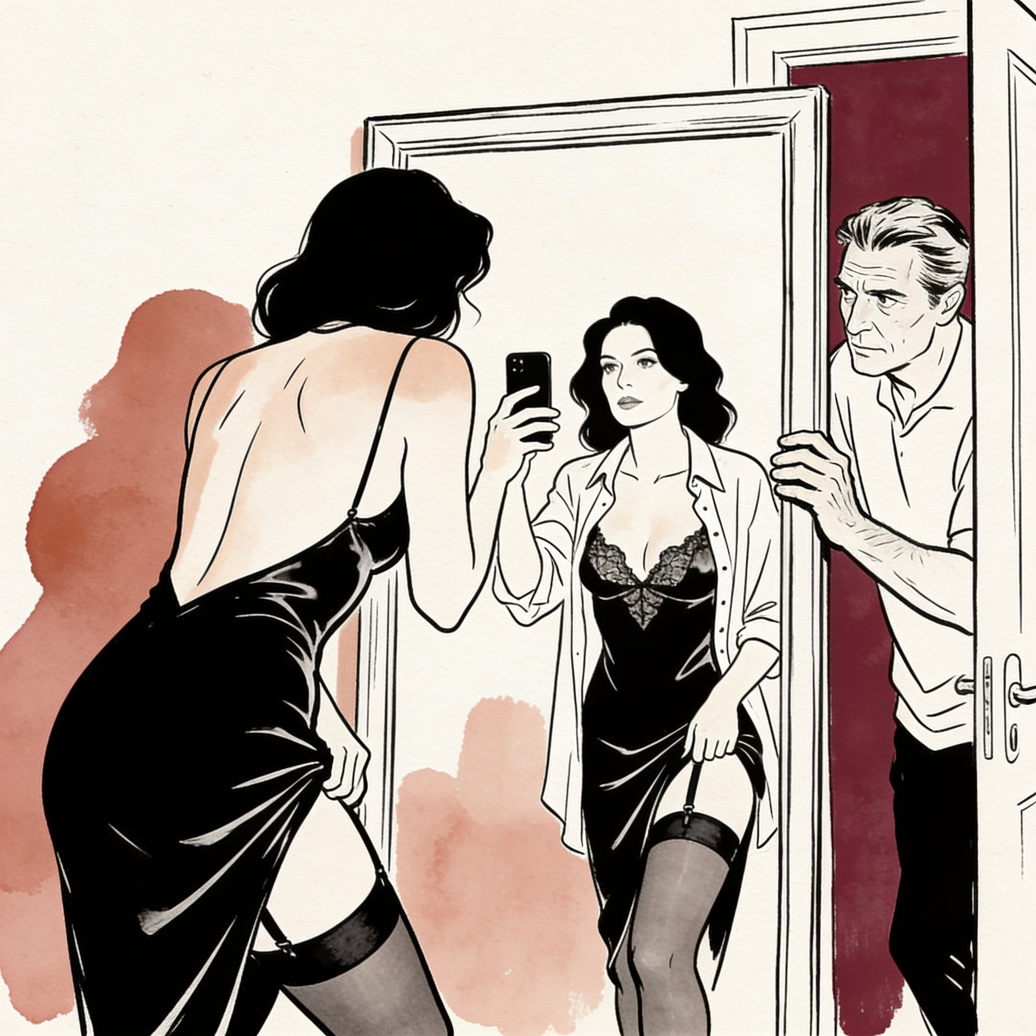 A woman poses before a mirror as a man watches from a doorway with a look of desire.