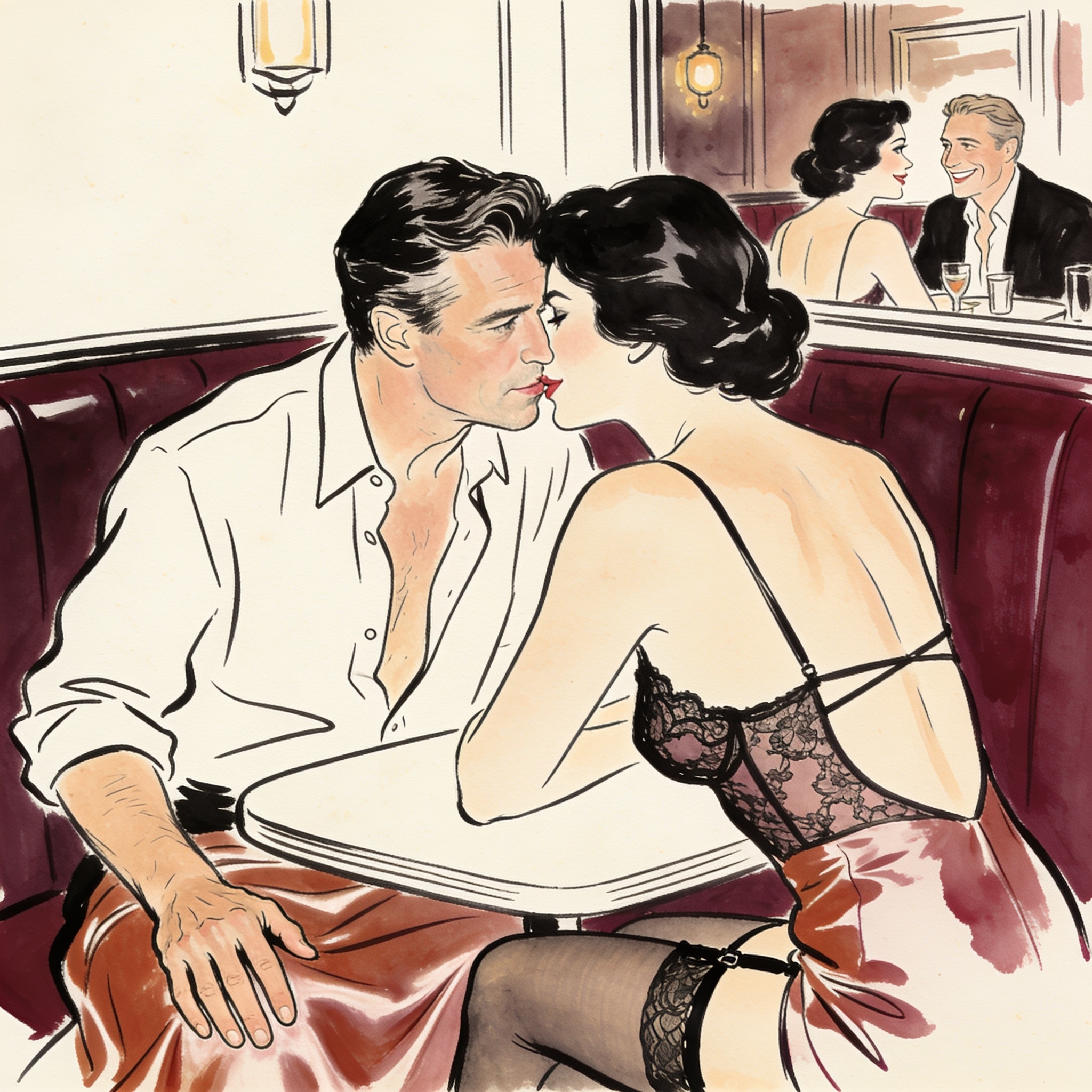 A couple intimately close in a dim booth, sharing a charged, playful moment.