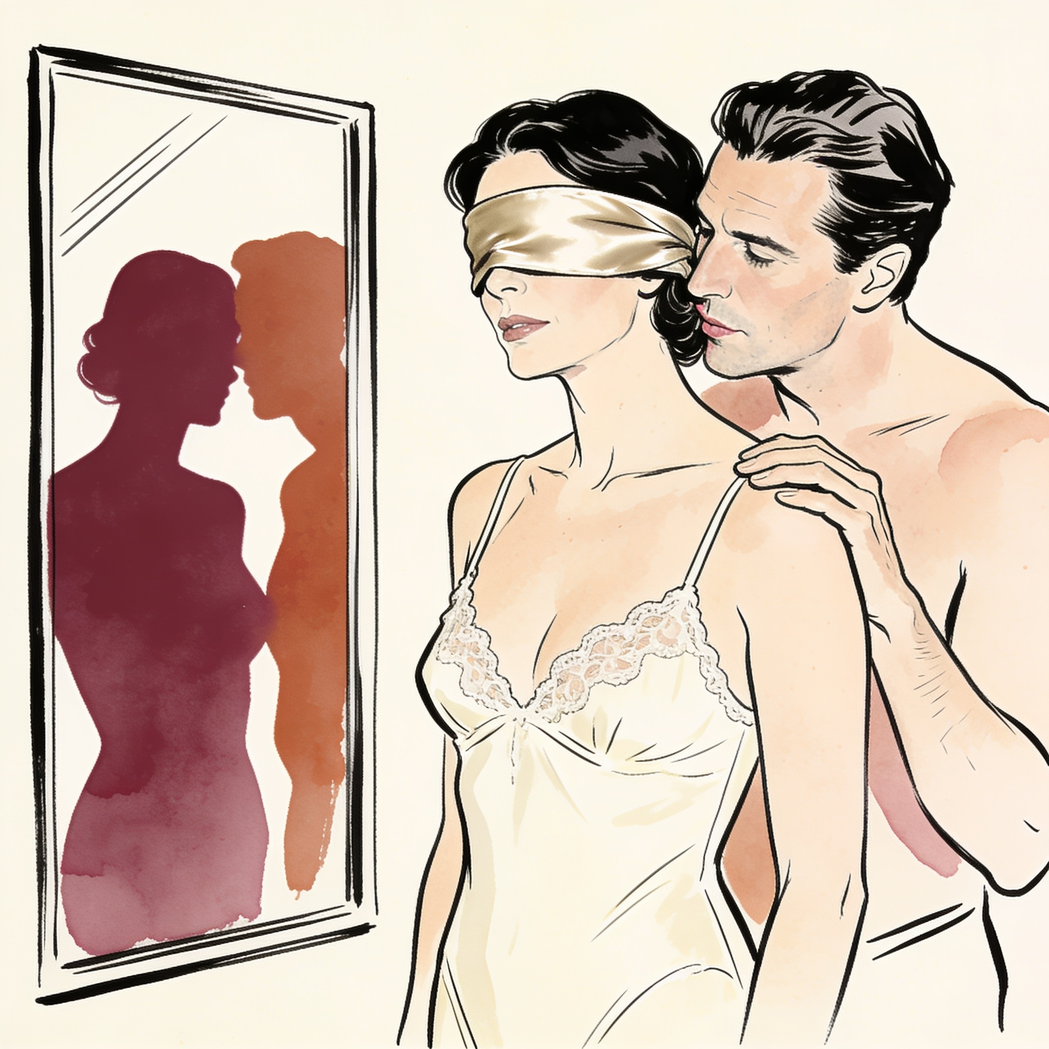 A blindfolded woman in a silk slip and a man watch a third figure approach in a mirror.