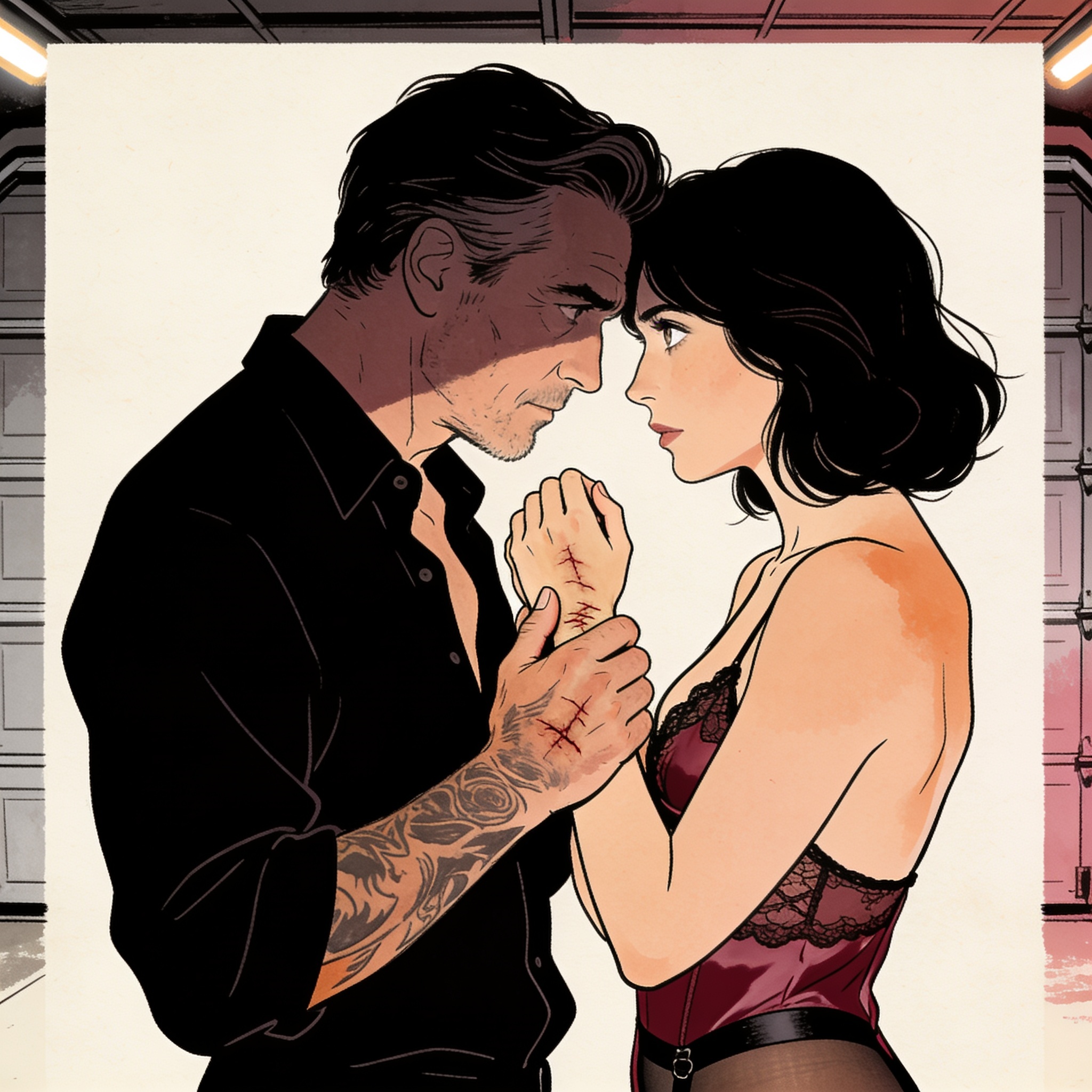 A tattooed man tenderly holds a woman's scarred wrist, their faces close under harsh li...