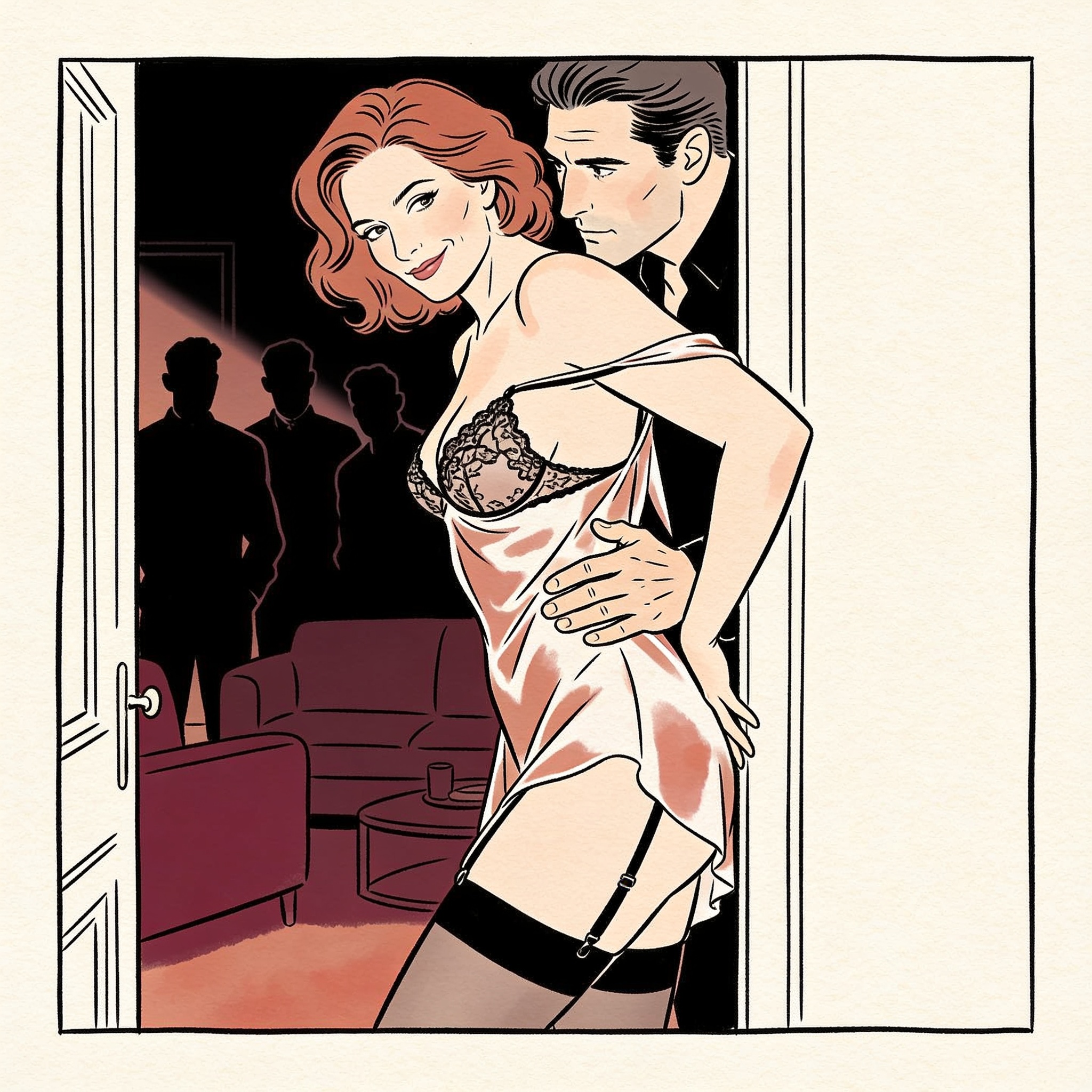 A woman in lingerie is watched by men as a partner touches her back.