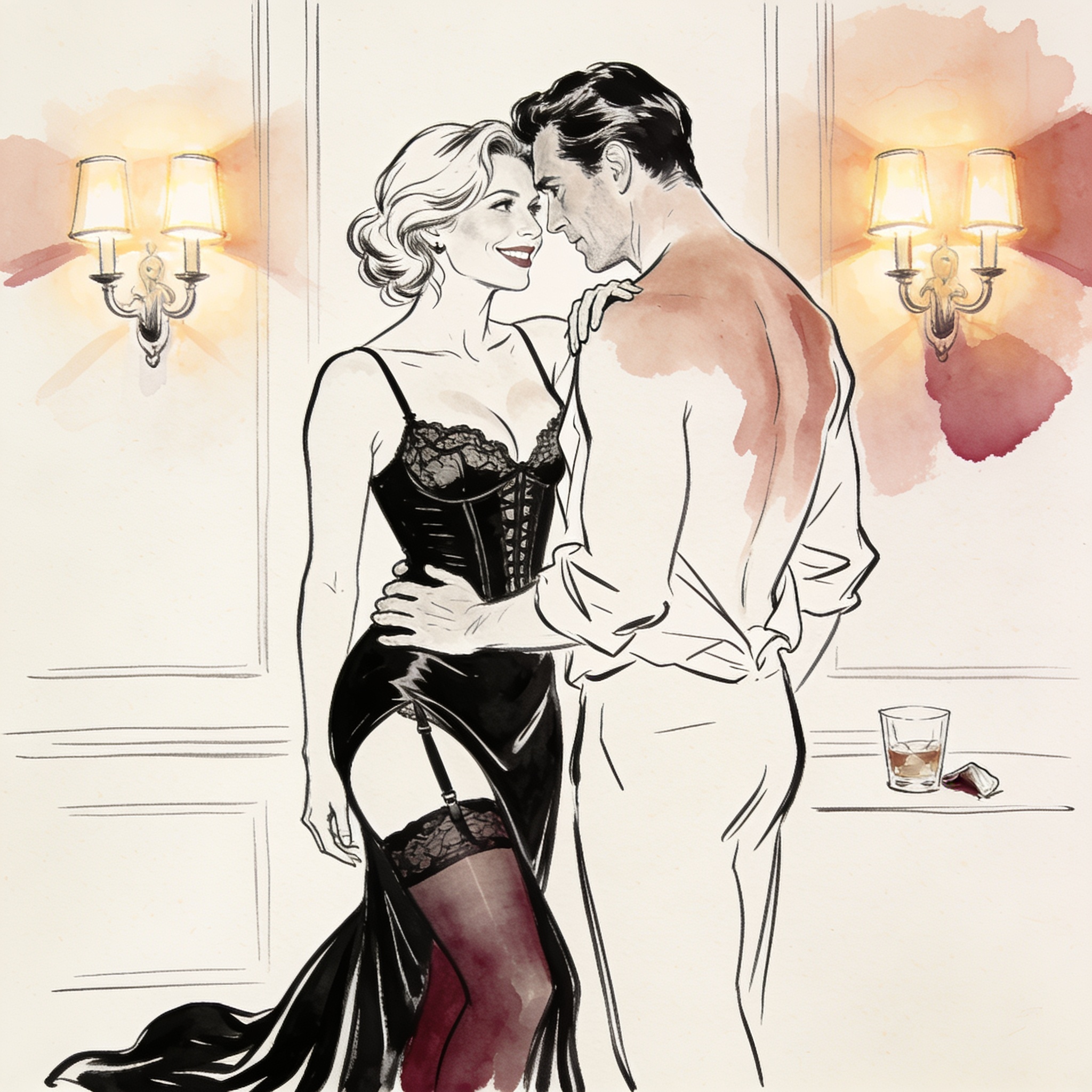 A woman in black lace lingerie reveals herself to a seated man's intense gaze.