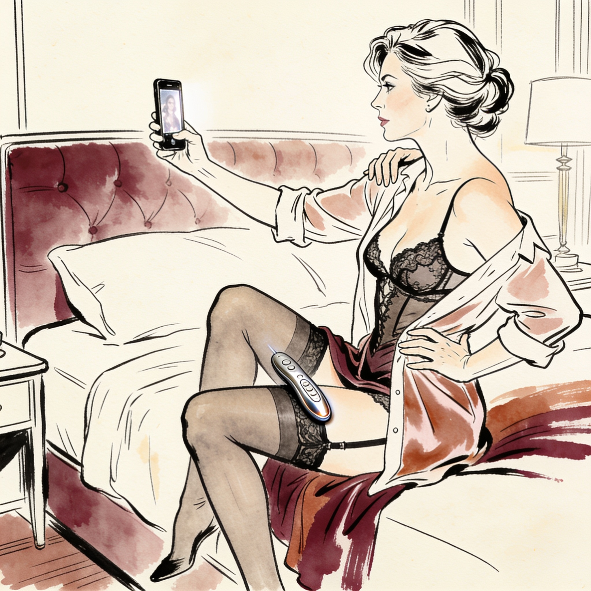 A woman shows a smartphone view of a toy against her thigh, awaiting a remote command.