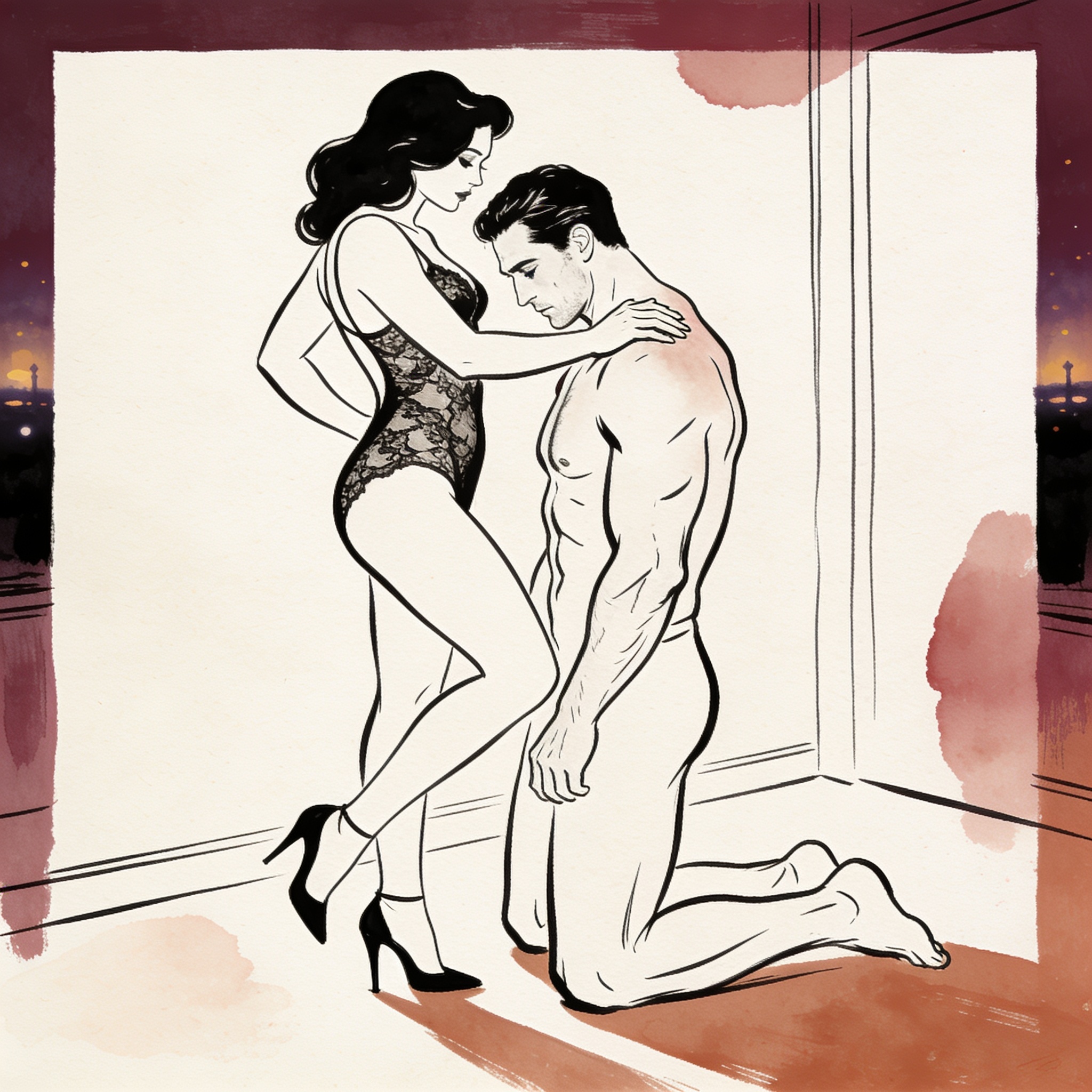 A man kneels in submission as a woman in lingerie places a hand on his shoulder.