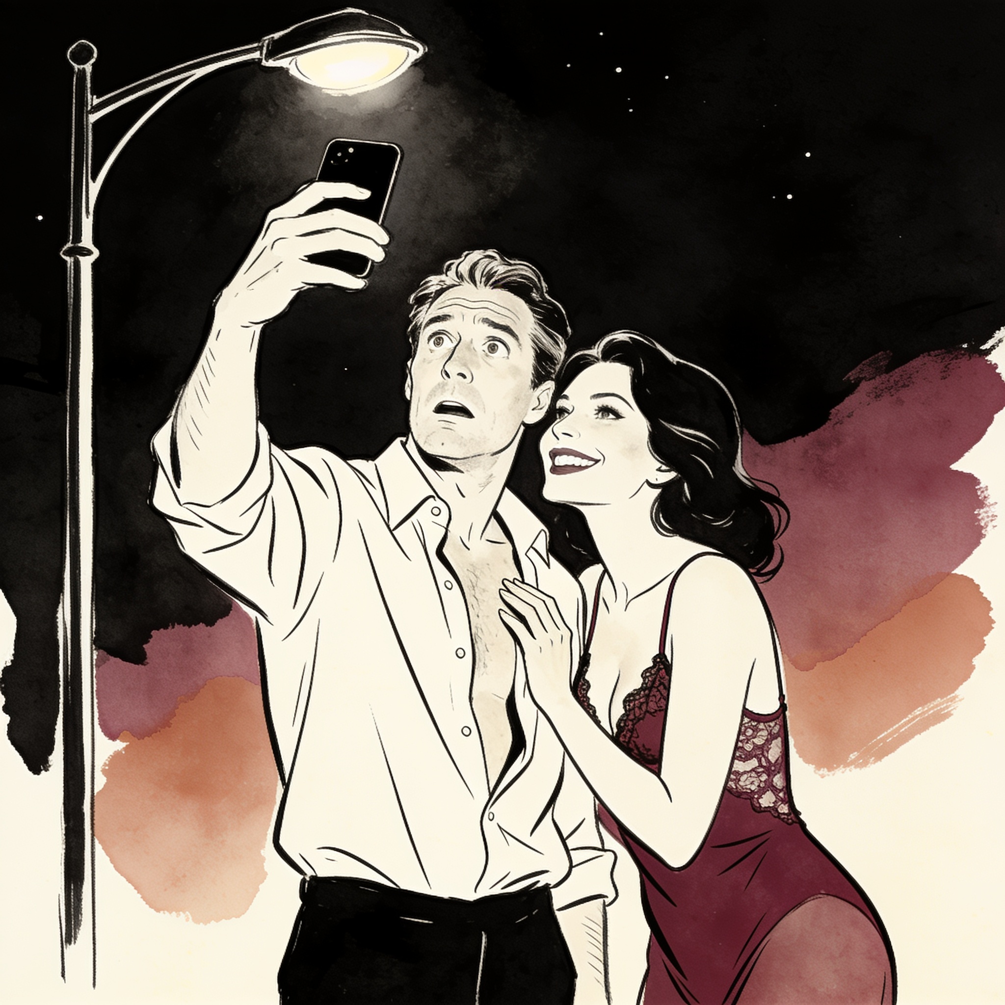 A man looks at a phone while a woman in lace leans close, smiling.