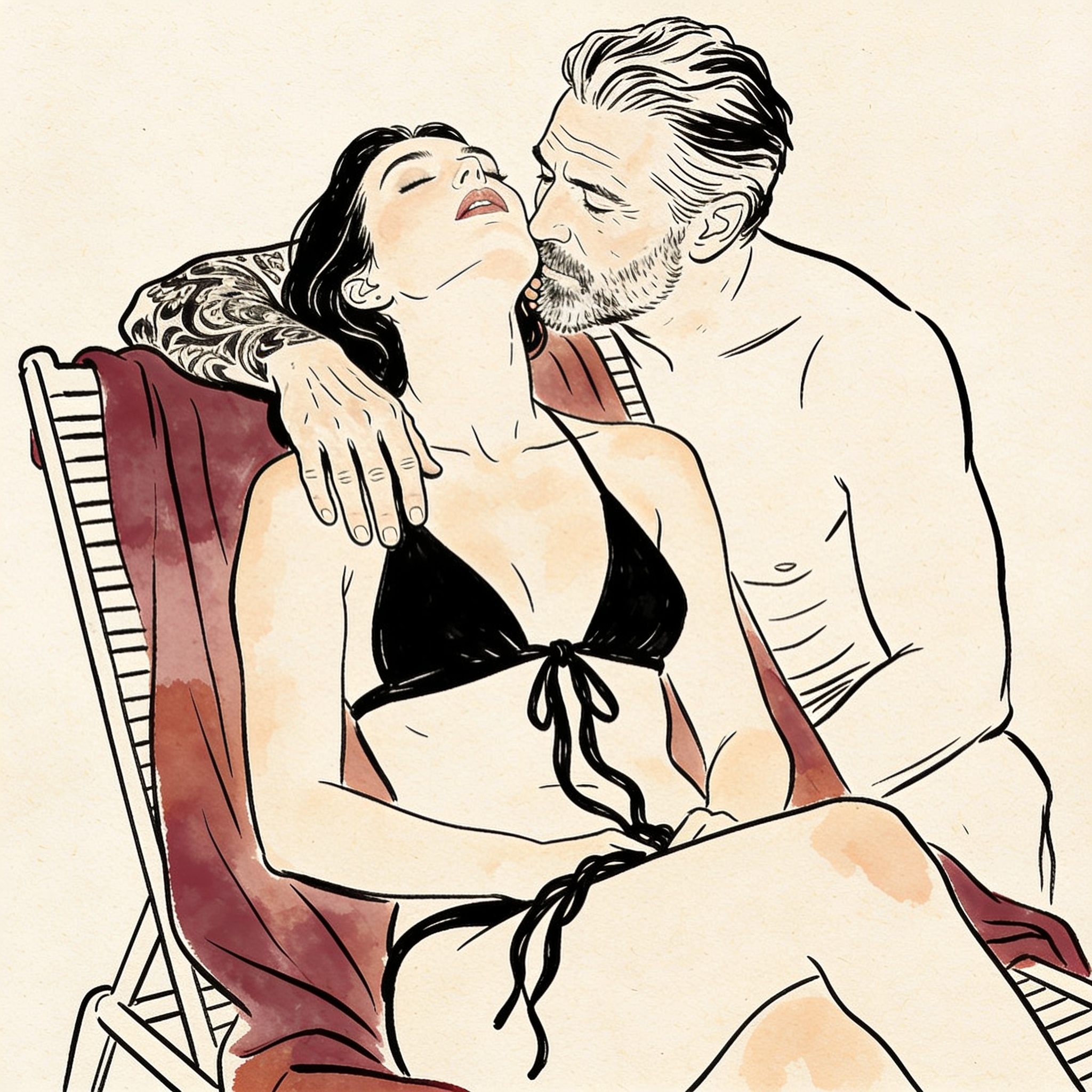 A couple in an intimate moment by a pool, his lips near her ear, her bikini top undone.