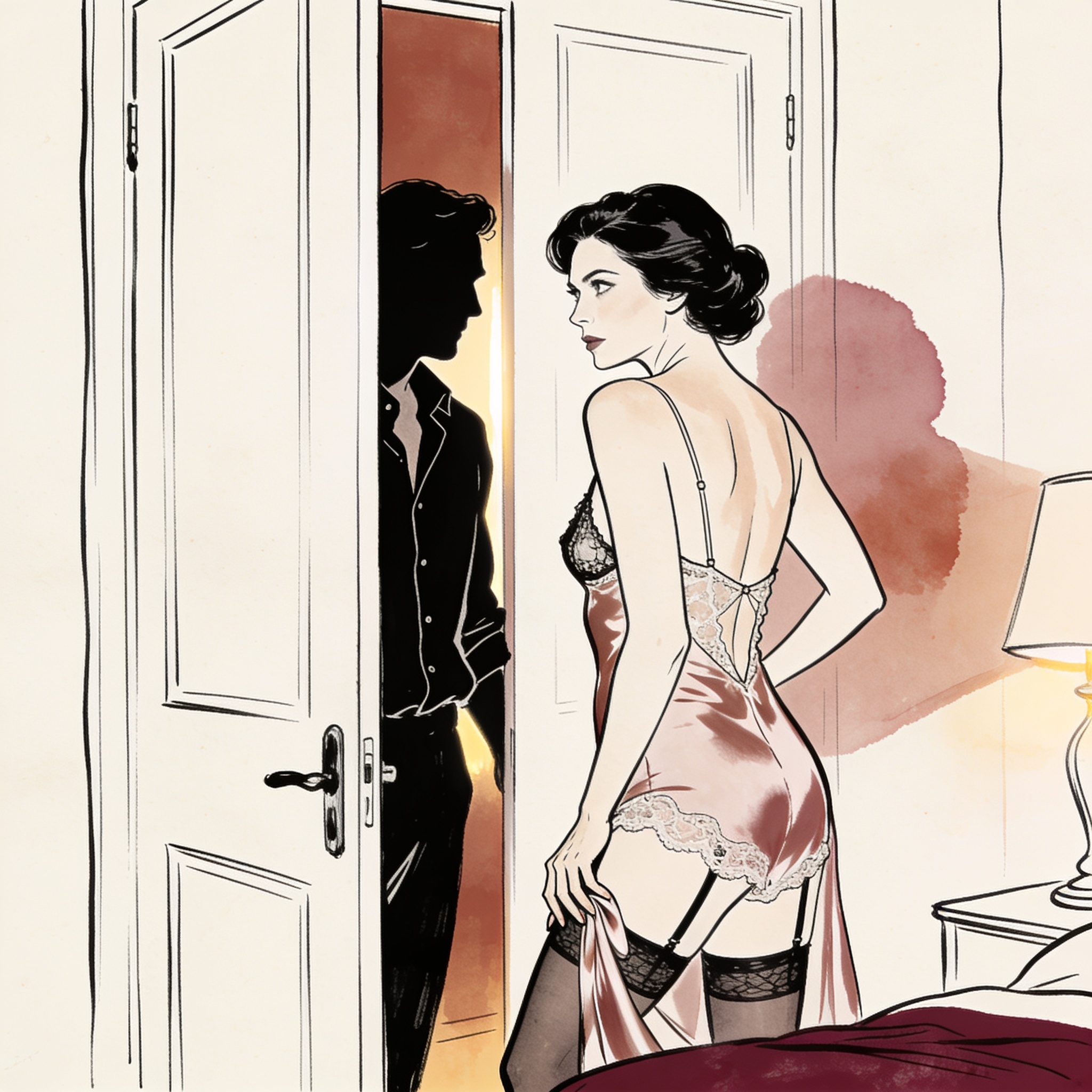 Man watches partner through cracked bedroom door, her figure arching in silk lingerie.