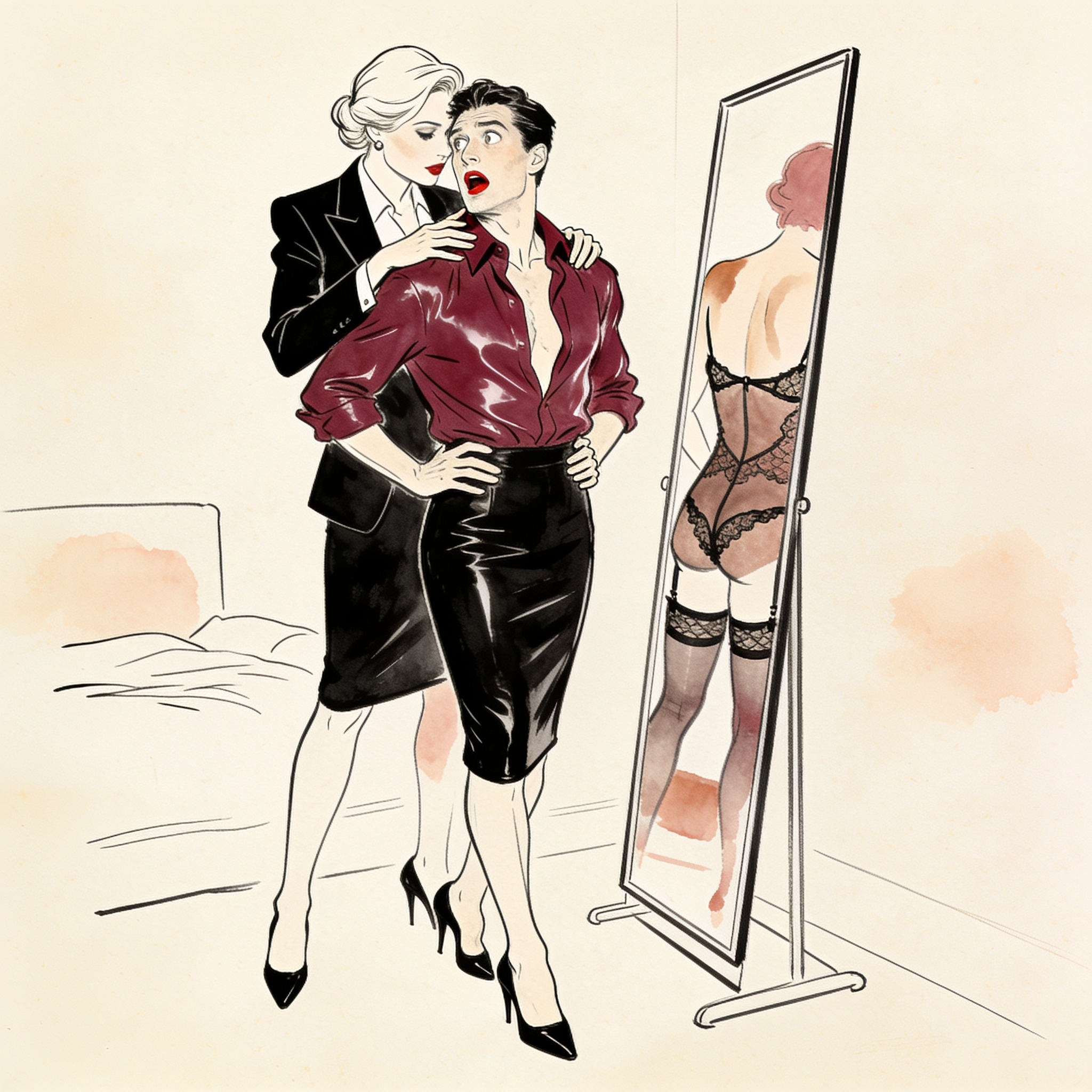Woman adjusts trembling figure's latex collar before mirror.