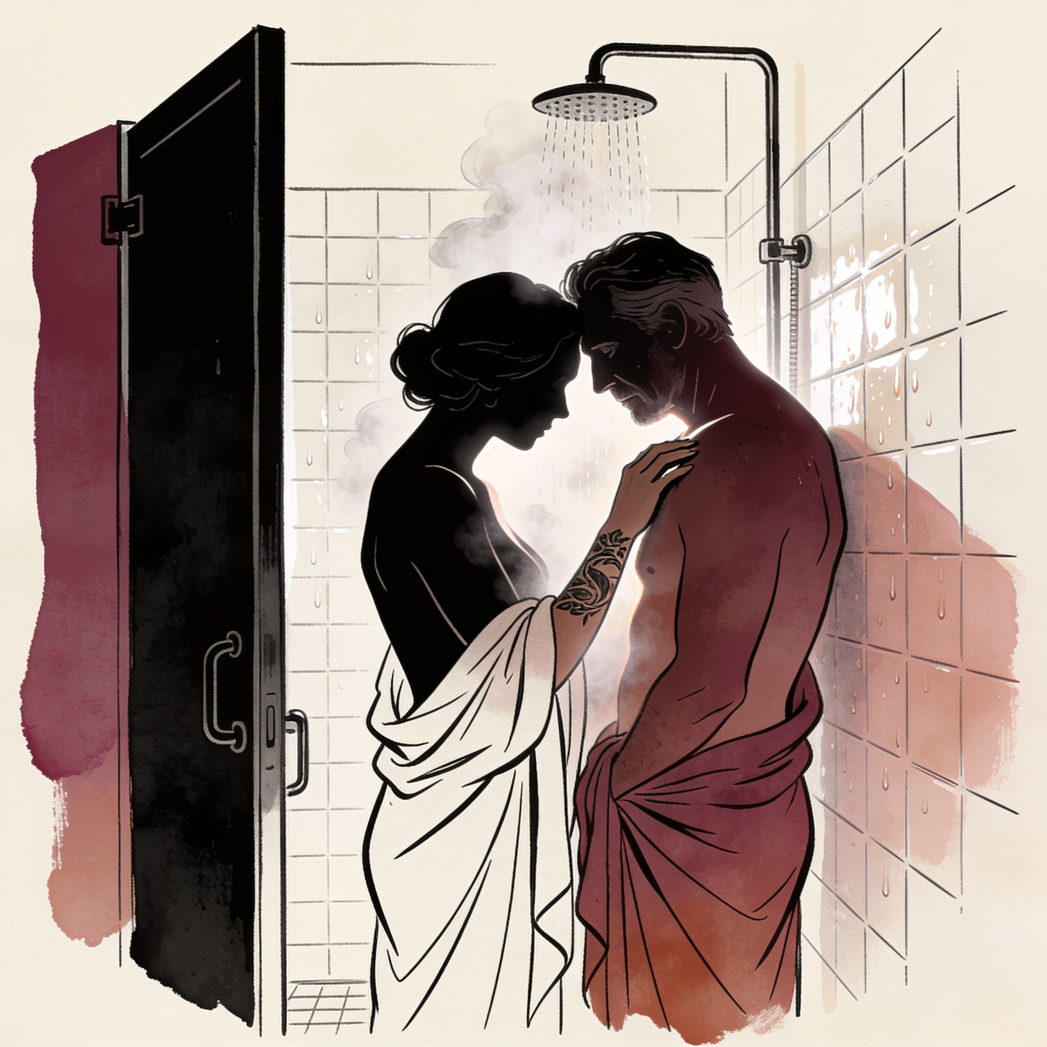 Two women stand intimately close in a steamy doorway, one touching the other's shoulder.
