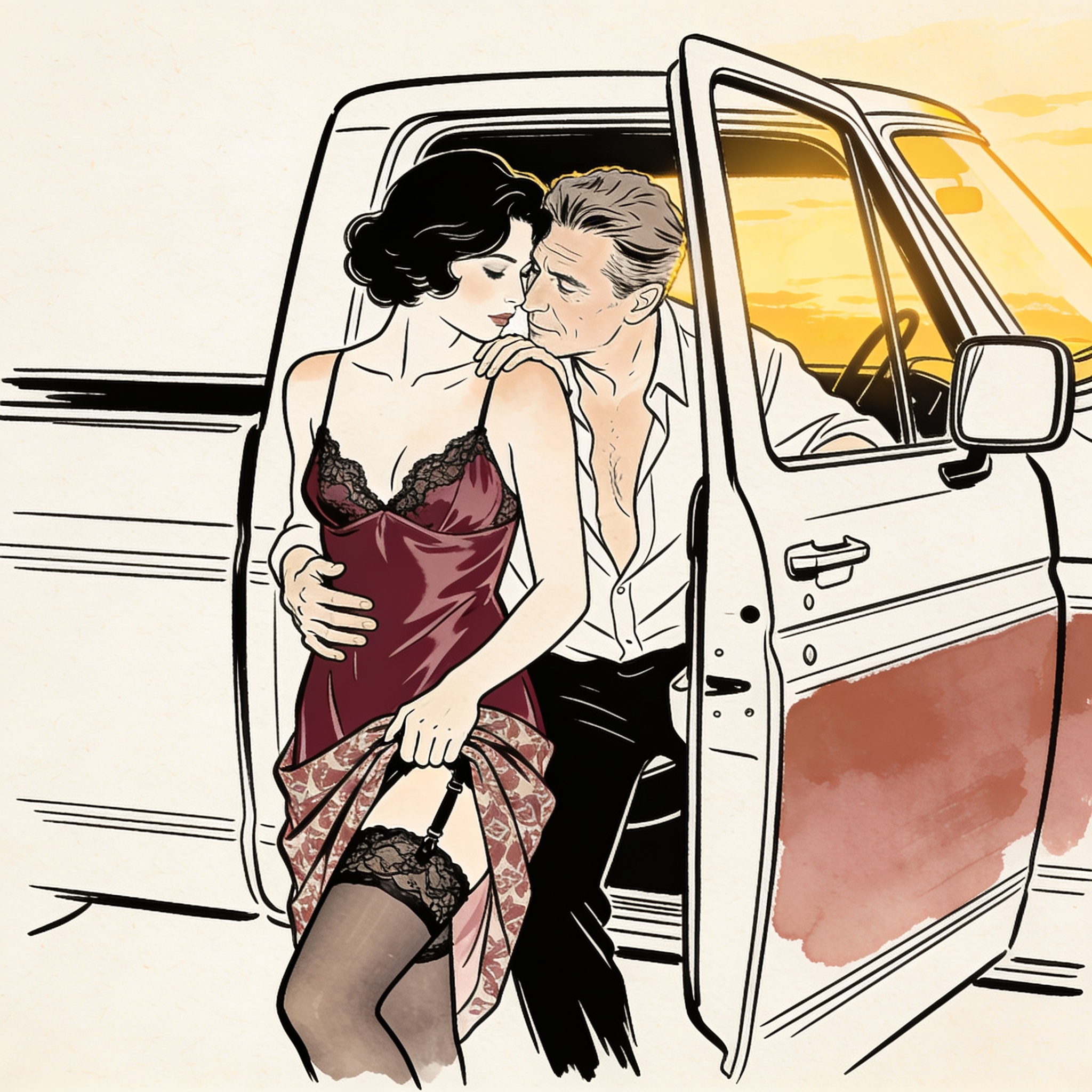 Woman adjusting her skirt, revealing lace garter, as a man watches intently from a truc...