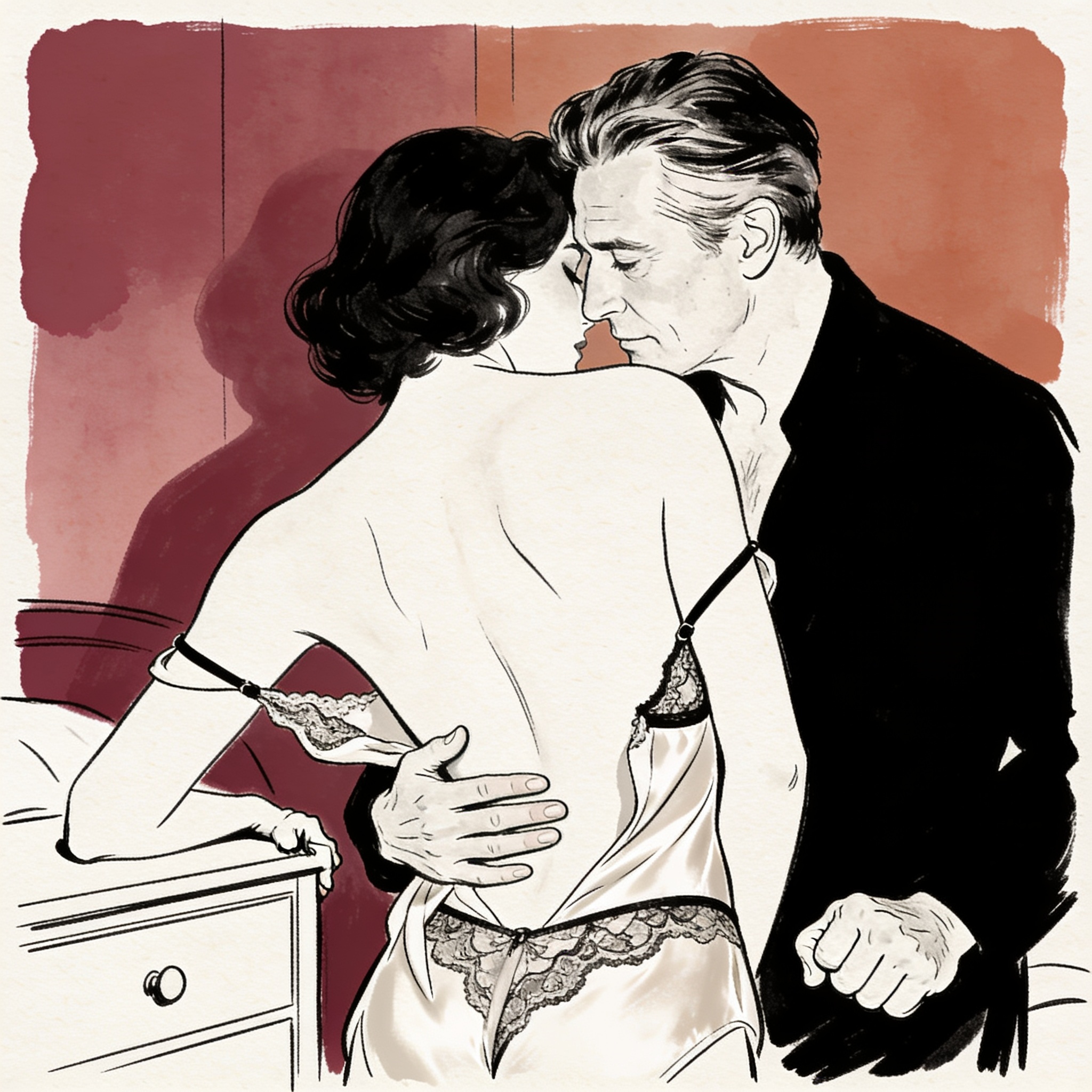 An intimate moment of restrained desire by a nightstand.