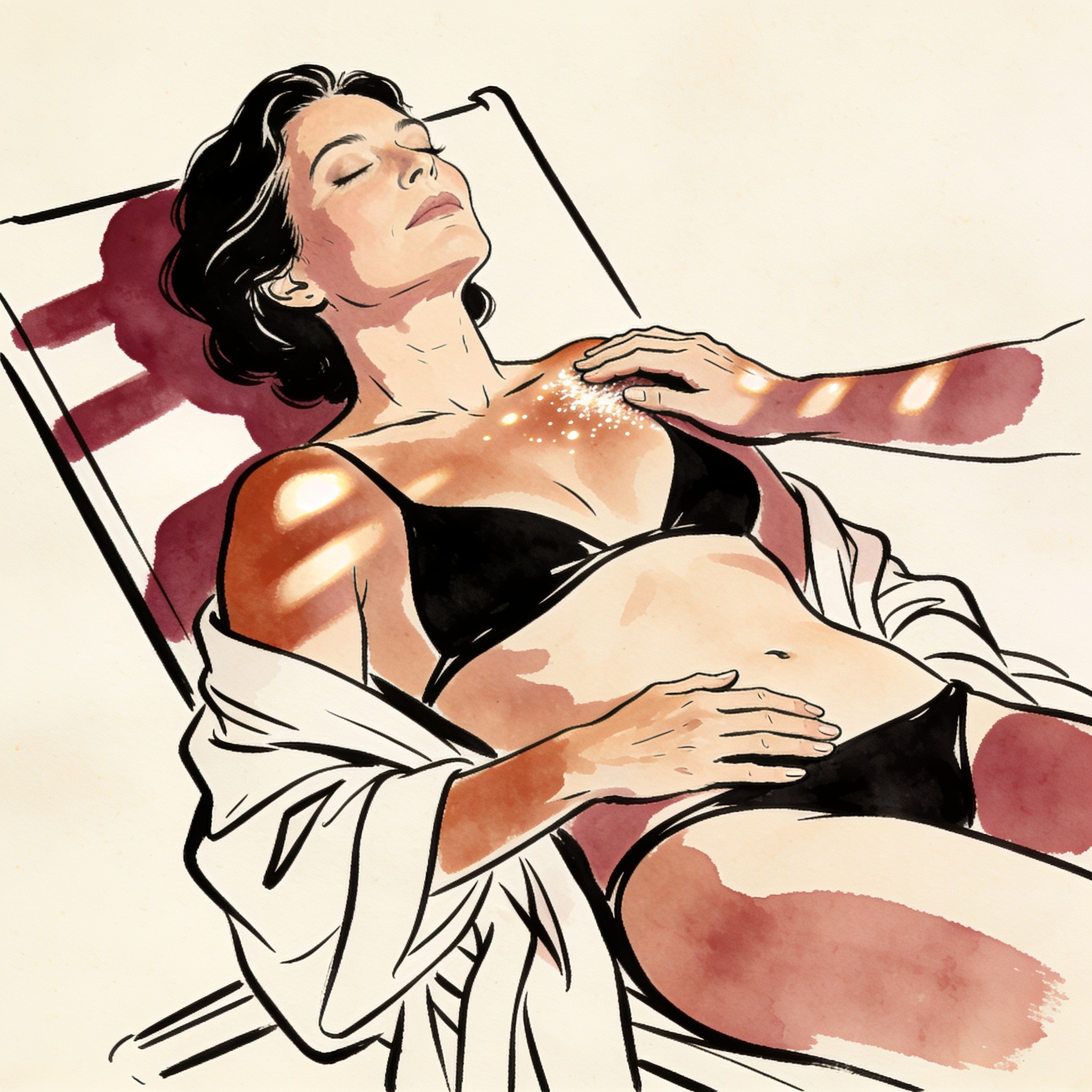 A woman on a lounger receives a gentle touch on her shoulder, her expression serene.