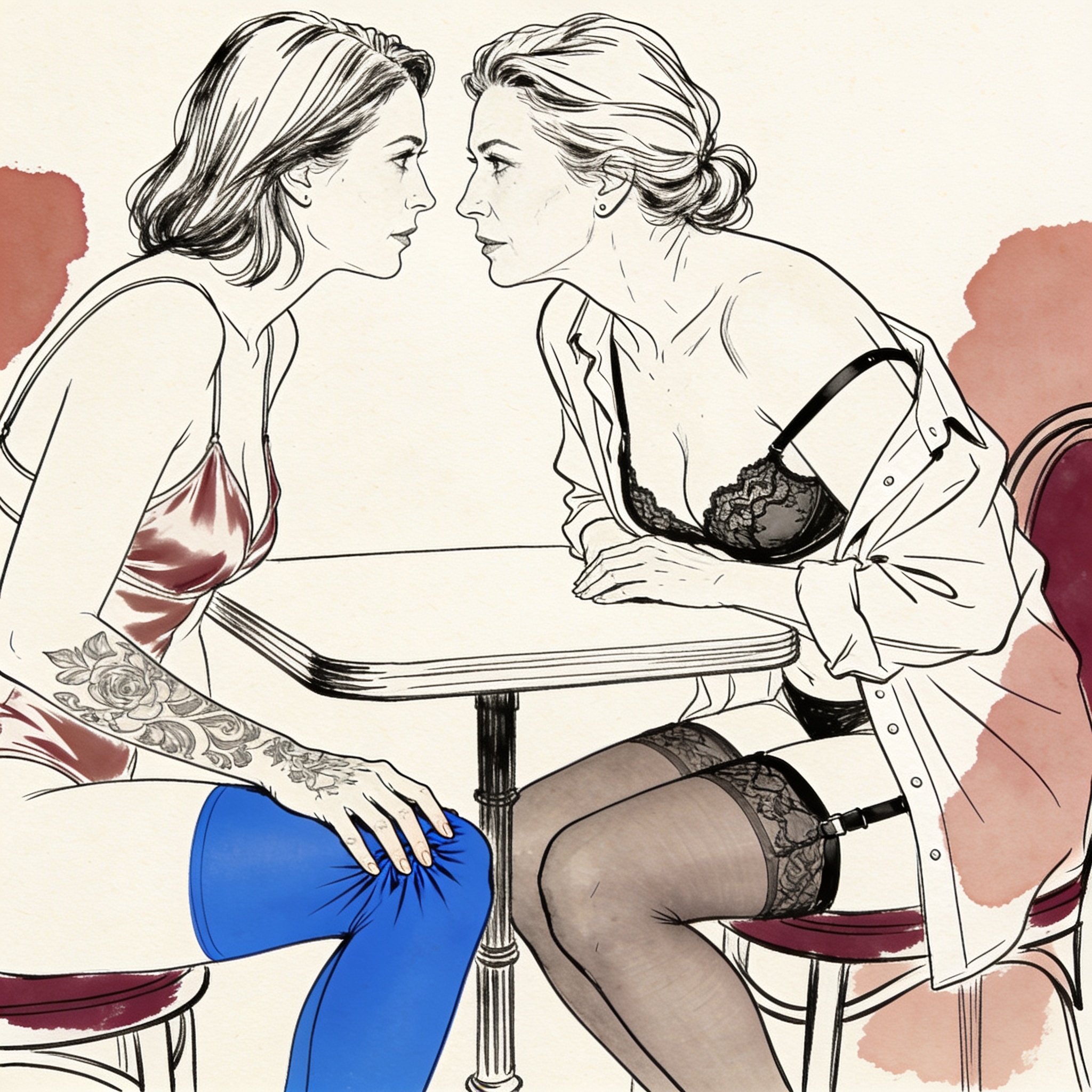 Close-up: a man's hand touching a woman's leg under a cafe table, their faces close in ...