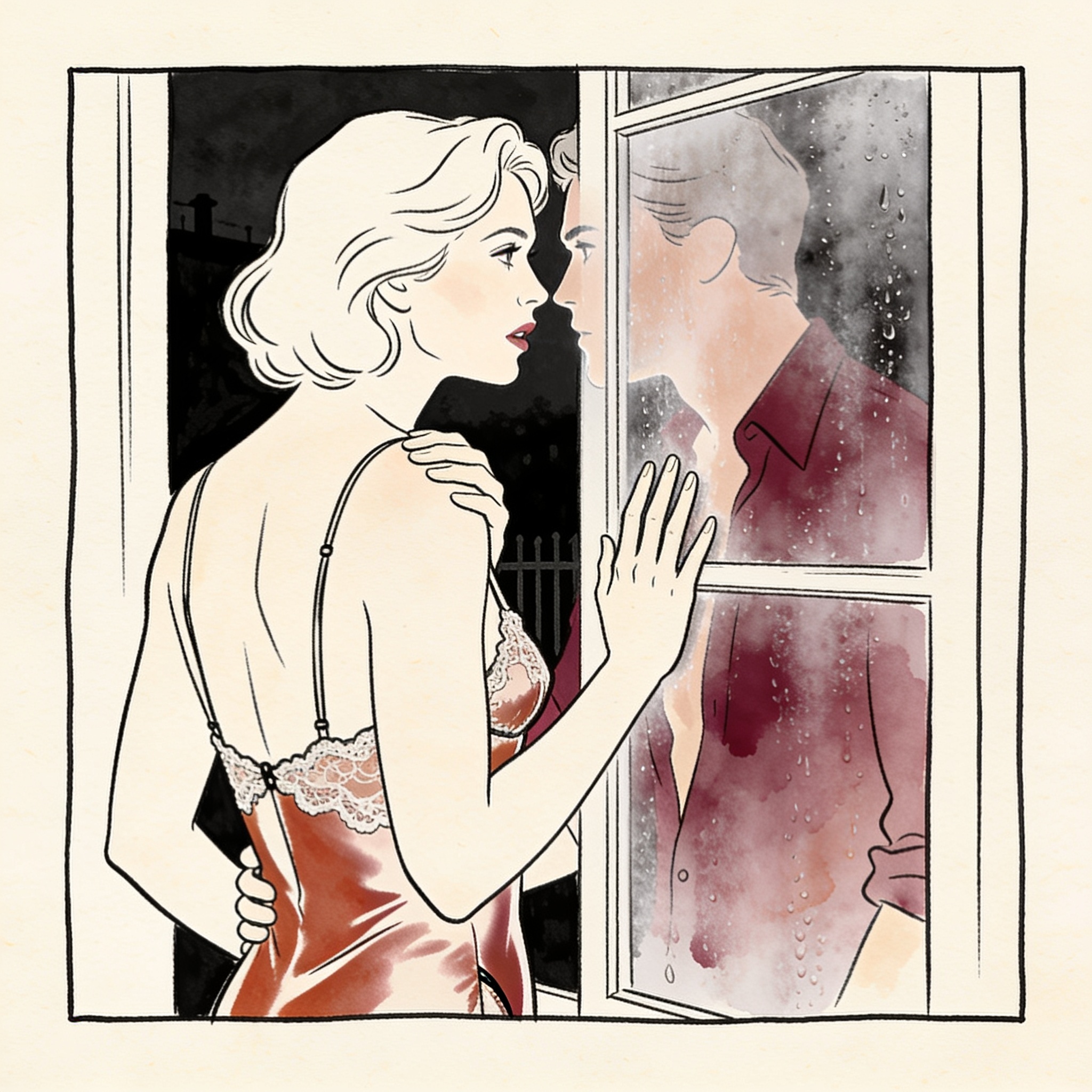 A woman in a silk slip touches a steamy window, sharing an intense gaze across a dark y...