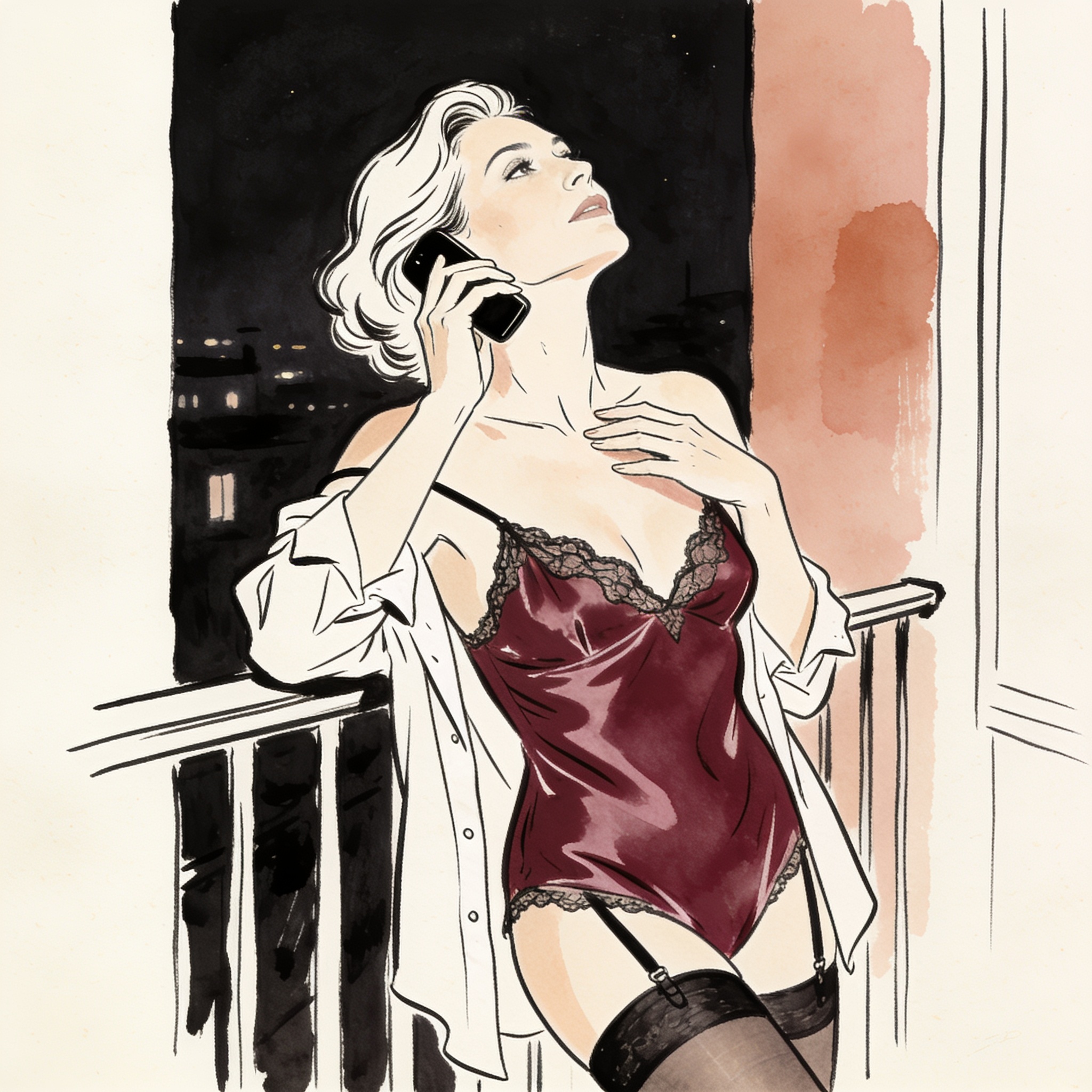Woman on a balcony, listening to a call, her fingers tracing her collarbone as a strap ...