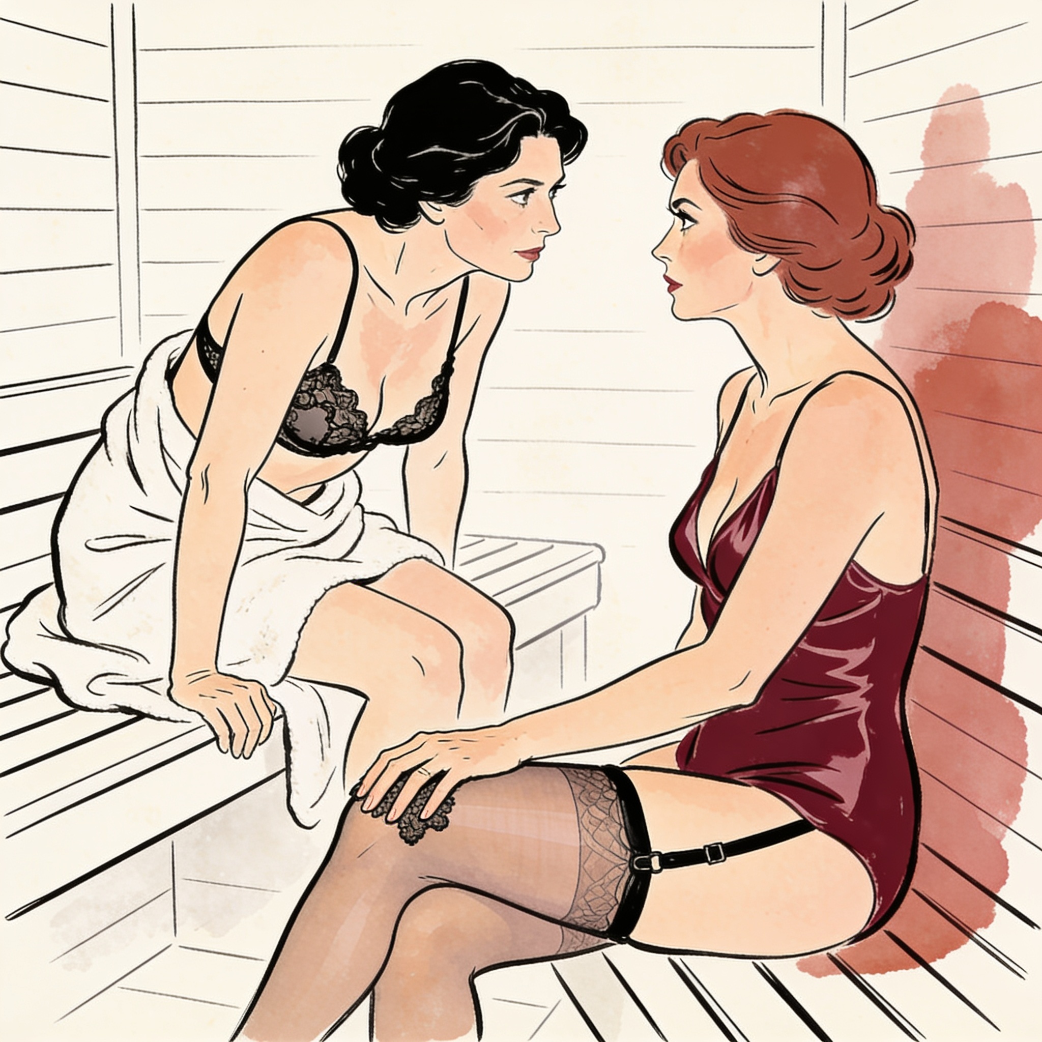 Two women in a steam room share an intense, intimate gaze across a misty space.