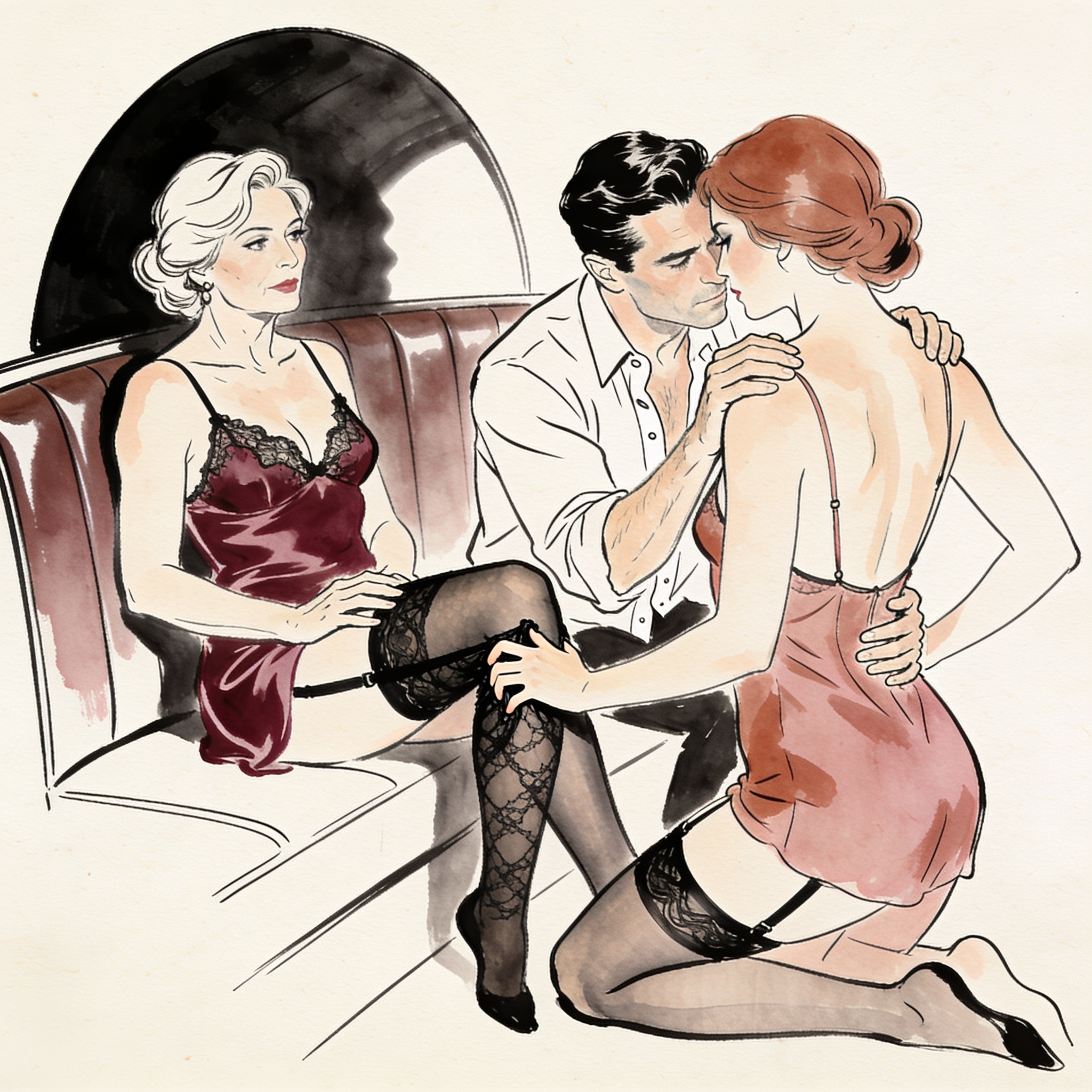 Woman in a booth watches another woman kneeling, touching her sheer stocking, as a tens...