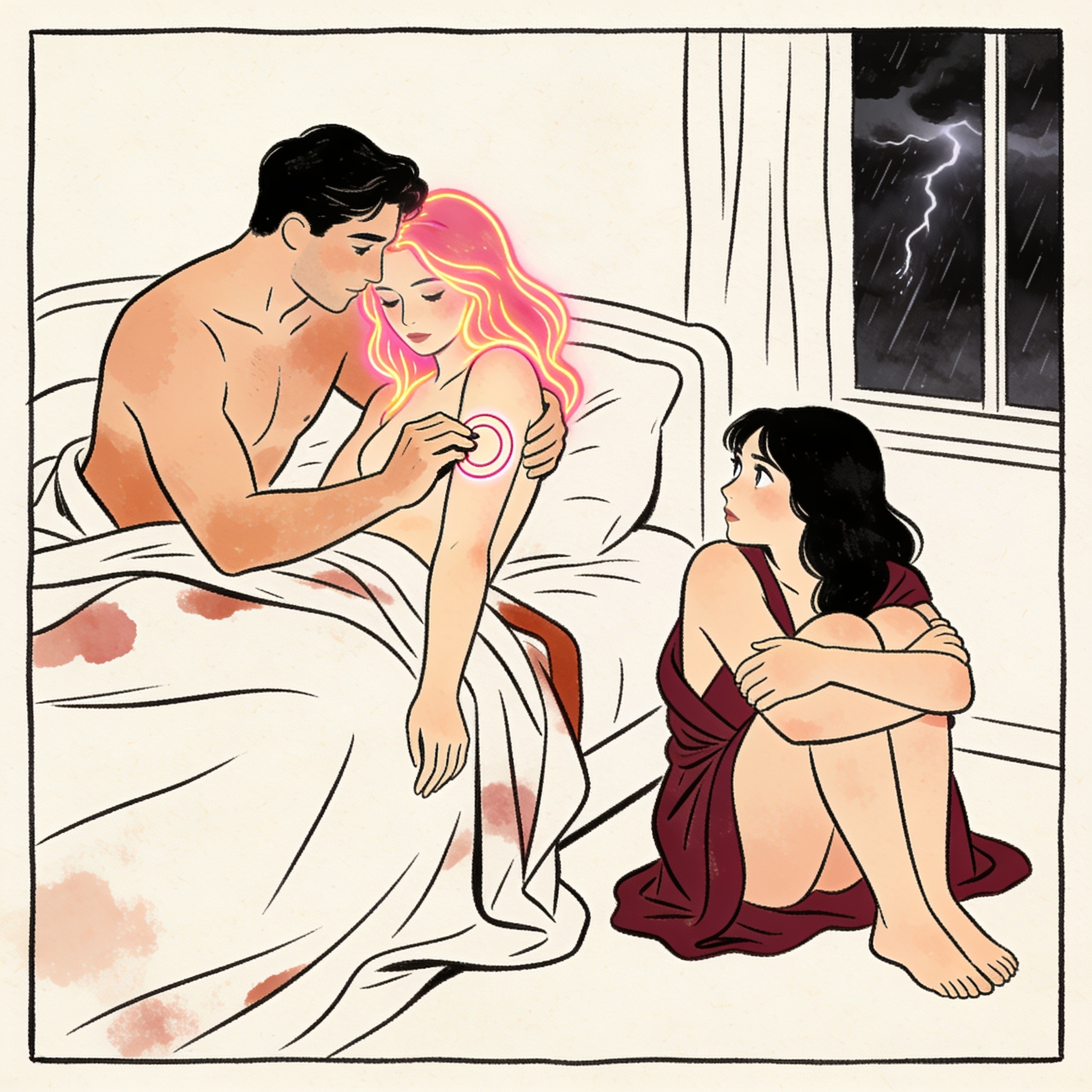 A couple on a bed engages a watching woman in a charged game of truth or dare.