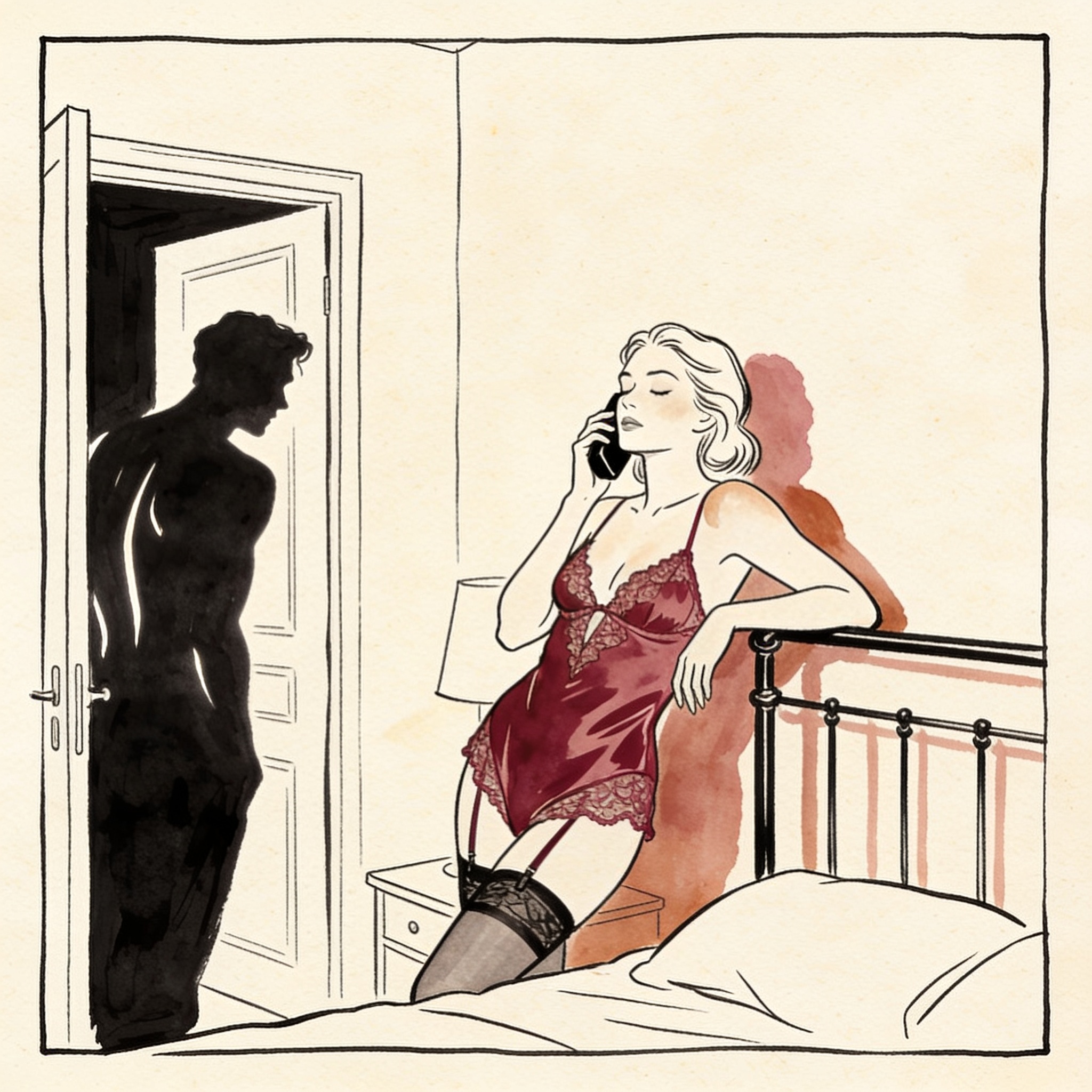 Woman in red lingerie talks on phone, unaware a man watches from doorway.