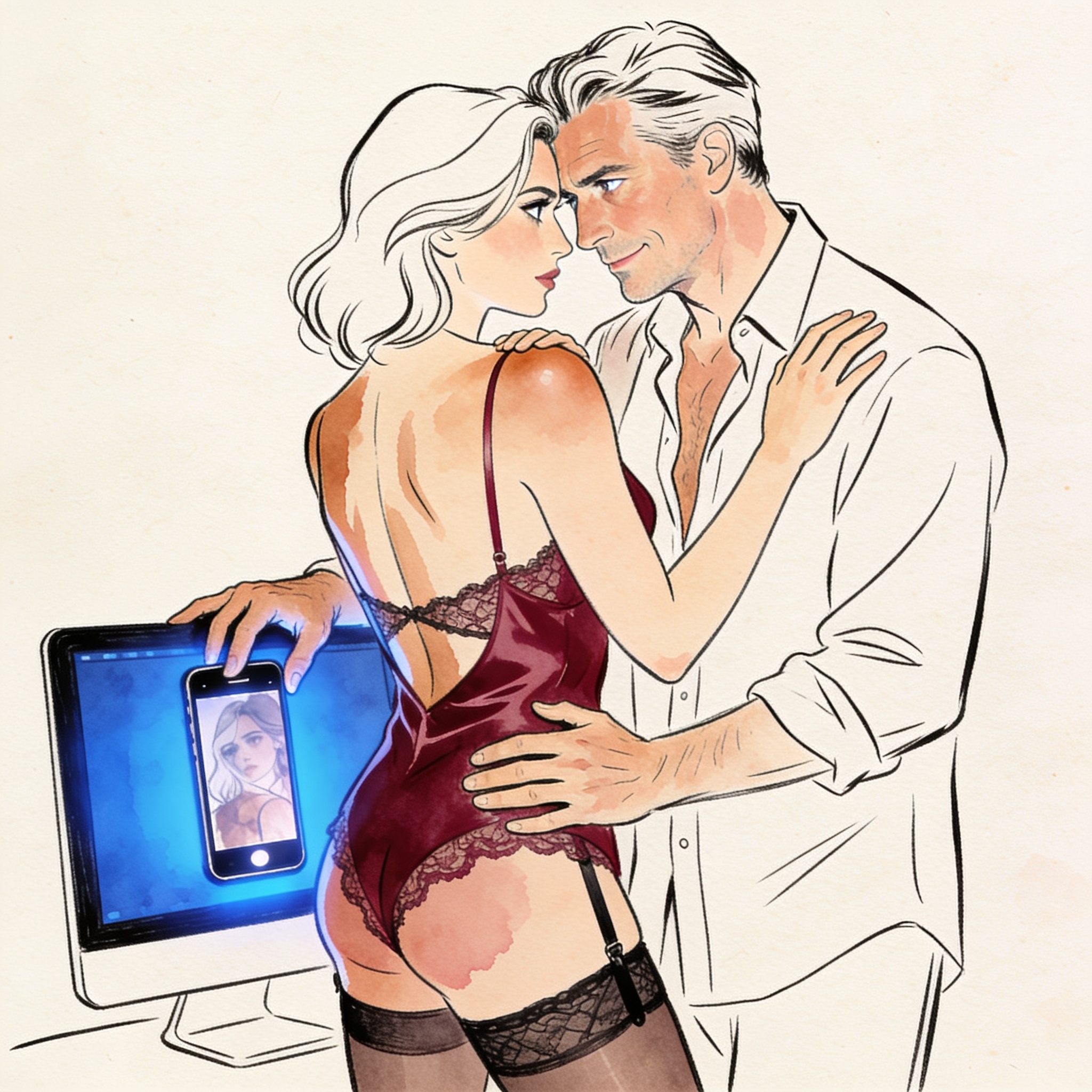 A man's smile reflected on a monitor showing a woman's bare shoulder in a secret photo.