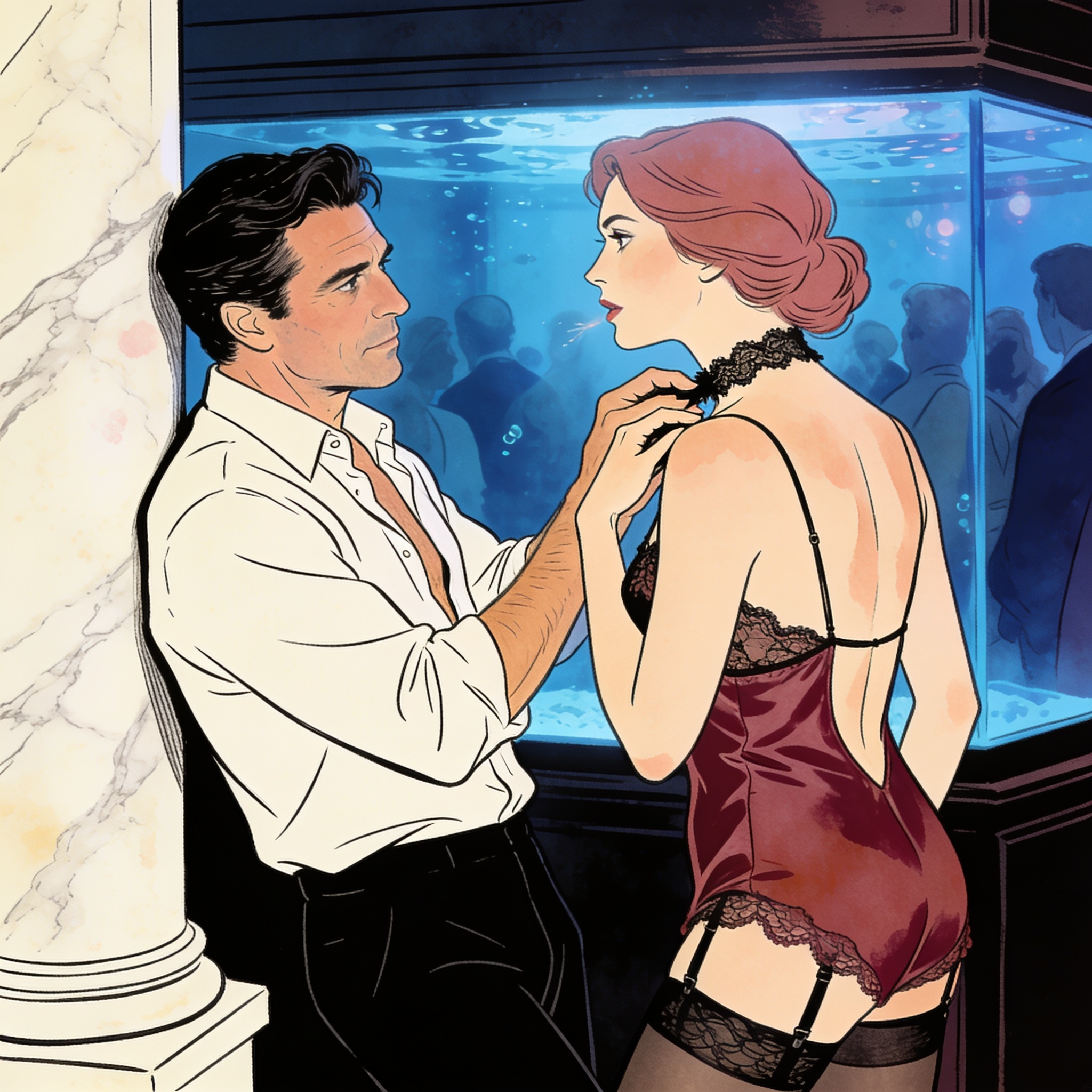 A tall man's intense gaze meets a woman's across a crowded, lit party.