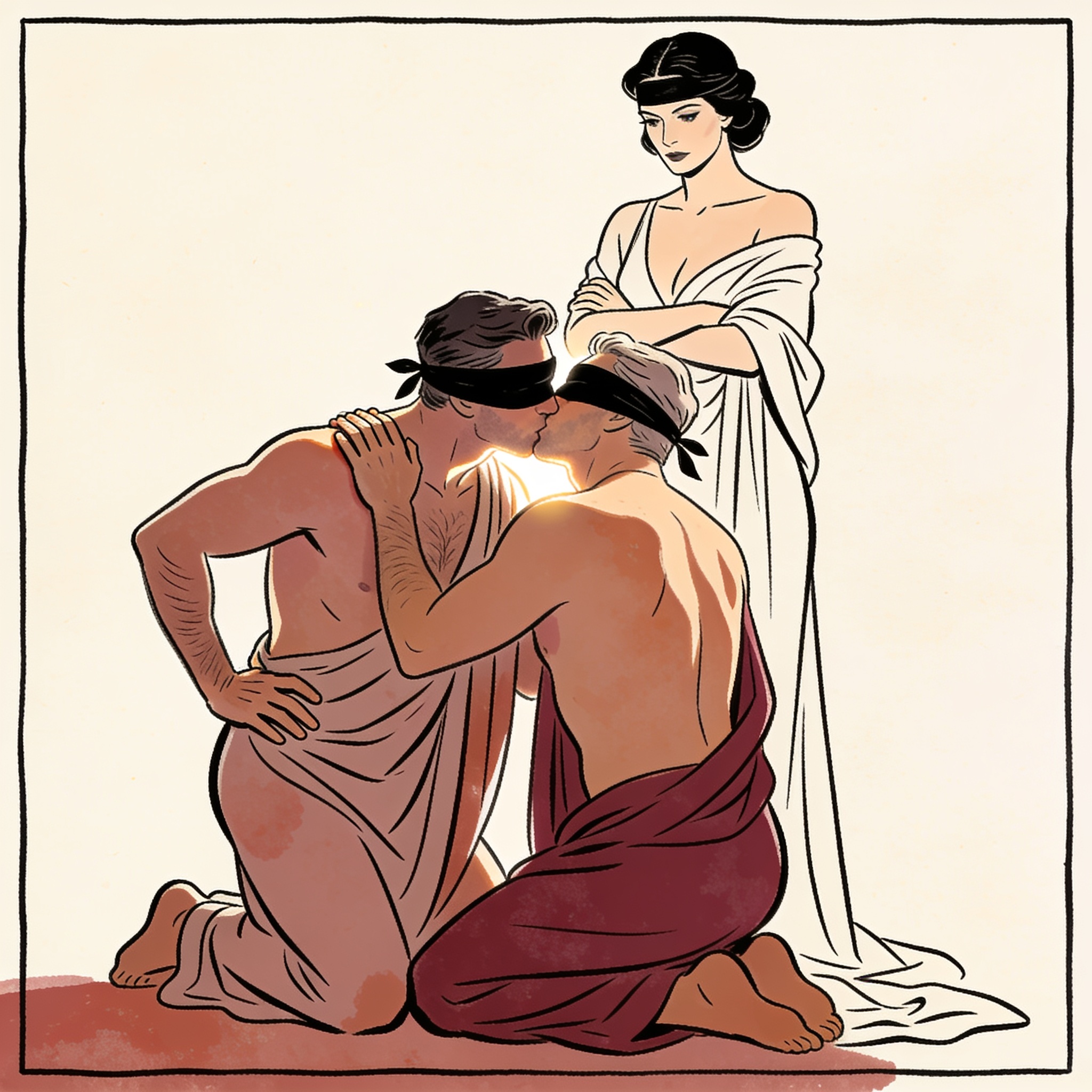 A blindfolded man kissing another man while a woman watches them in a dim room.