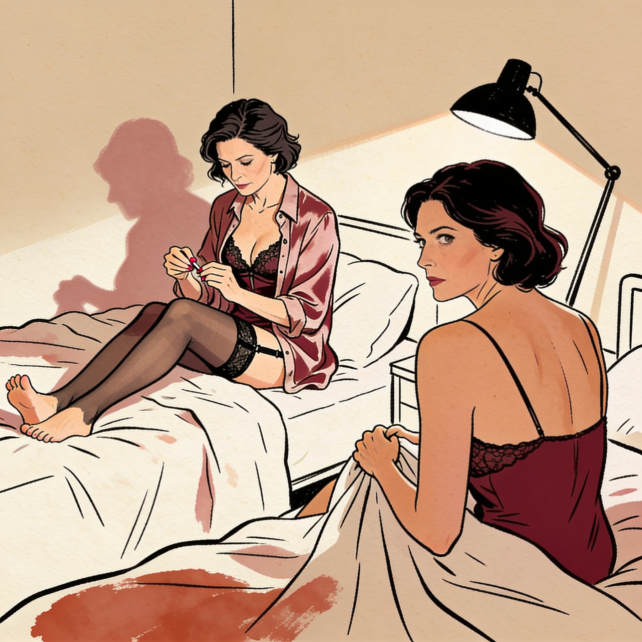One young woman painting her toenails while her roommate watches, tension in their sile...
